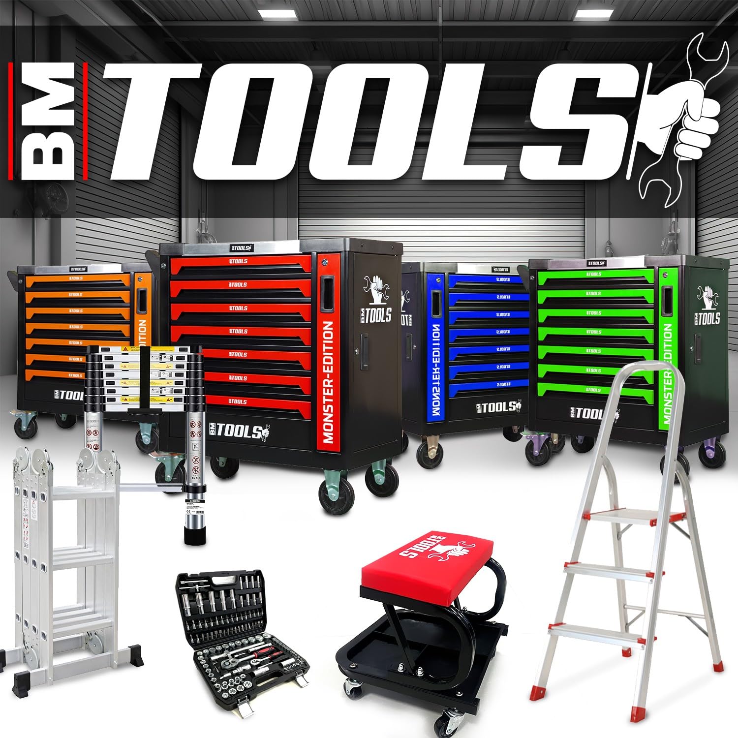 BM TOOLS Servante d'atelier 8-7-ULTIMATE-SERIE - 296 Outils Haute qualité Inclus, 7/8 tiroirs Pleins, Chariot Tools, Clé Dynamo