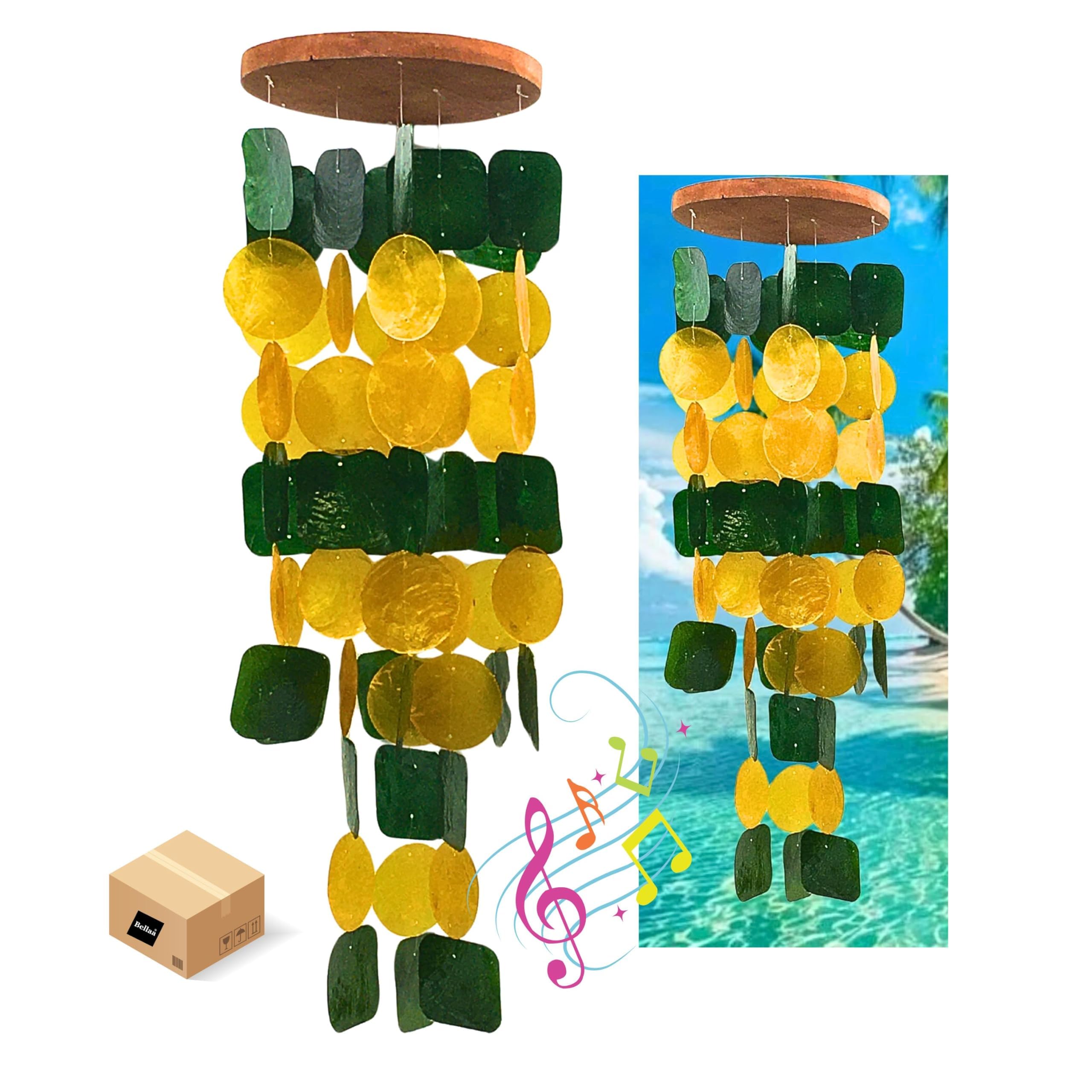 Bellaa 24896 Wind Chimes Outdoor, Garden Decorations, Musical, Indoor/Outside Windchimes, Beach, Ocean Breeze, Gifts for Mom, Gift for All Occasions, Capiz Sea Glass Shells Wood Yellow Green