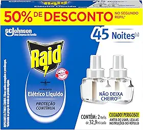 Raid Repelente Eletrico Líquido, 45 Noites, 2 Refis de 32,9ml