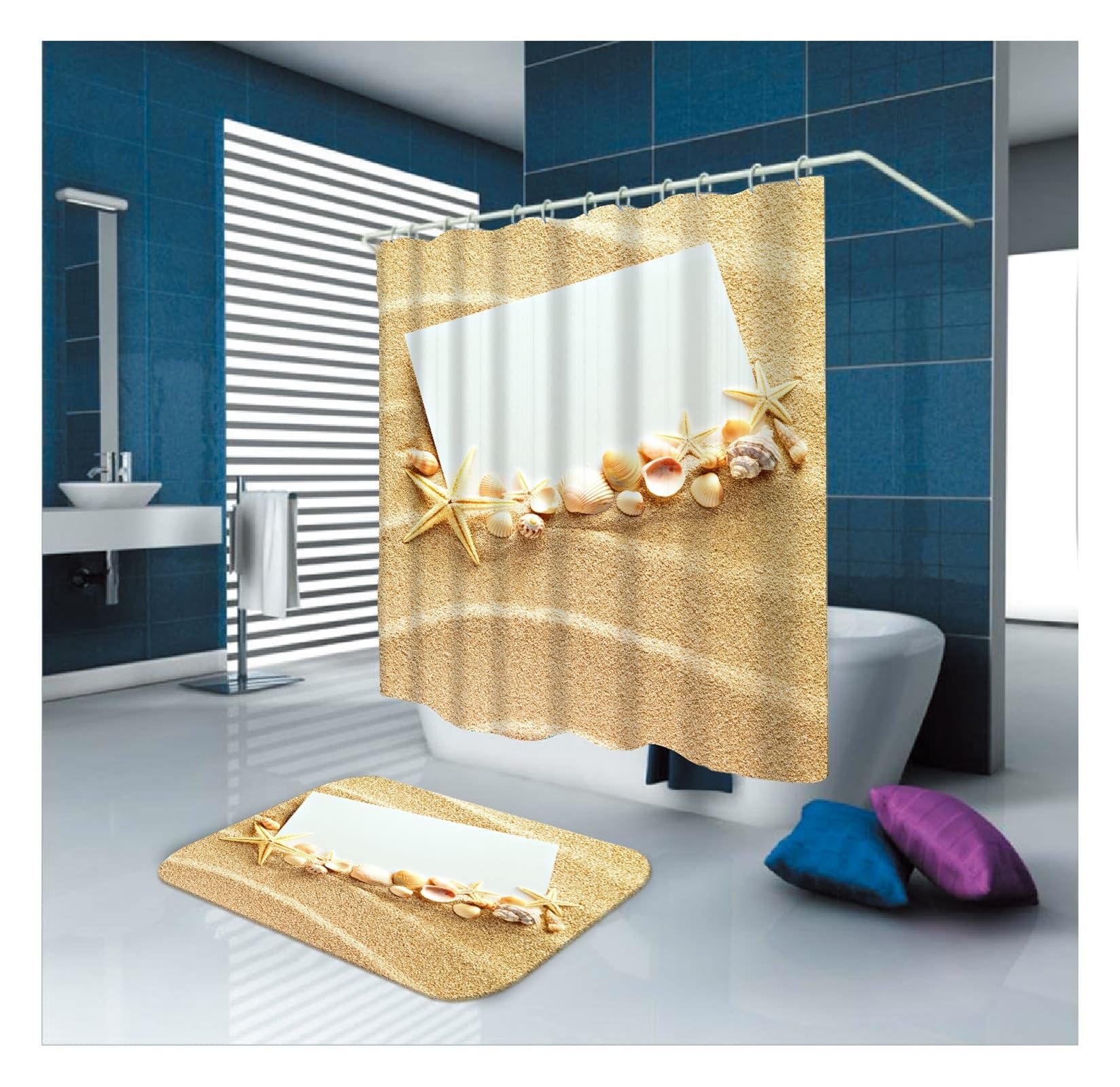Rideau de douche textile bleu 150x200 cm à motif plage et étoile de mer