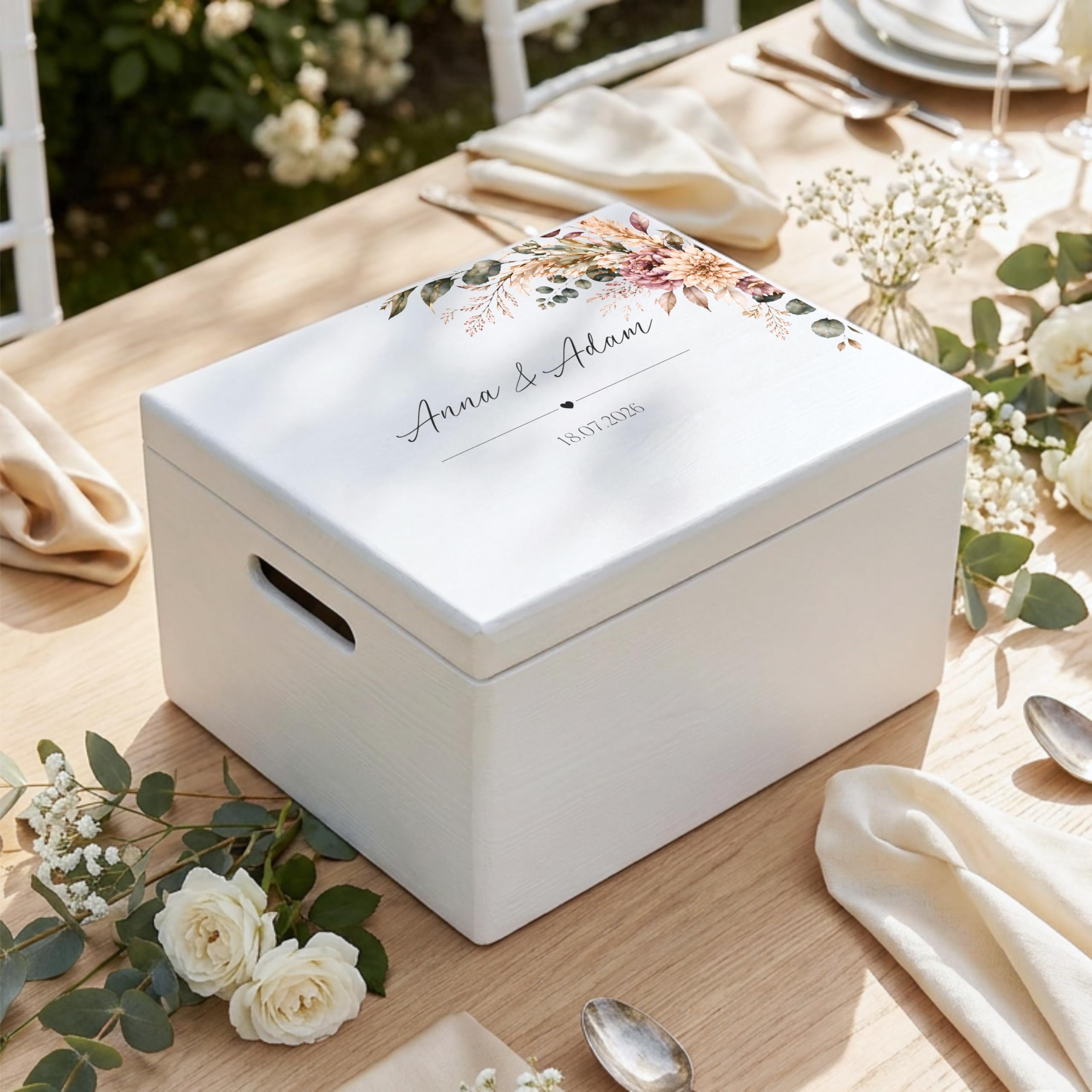 Creative DECO Personalizada Caja de Regalos Originales para los Novios Boda | Regalo Blanca | Caja Madera de Recuerdos Especiales | Parejas Aniversario Matrimonio | Motivo Flores Nombres Fecha