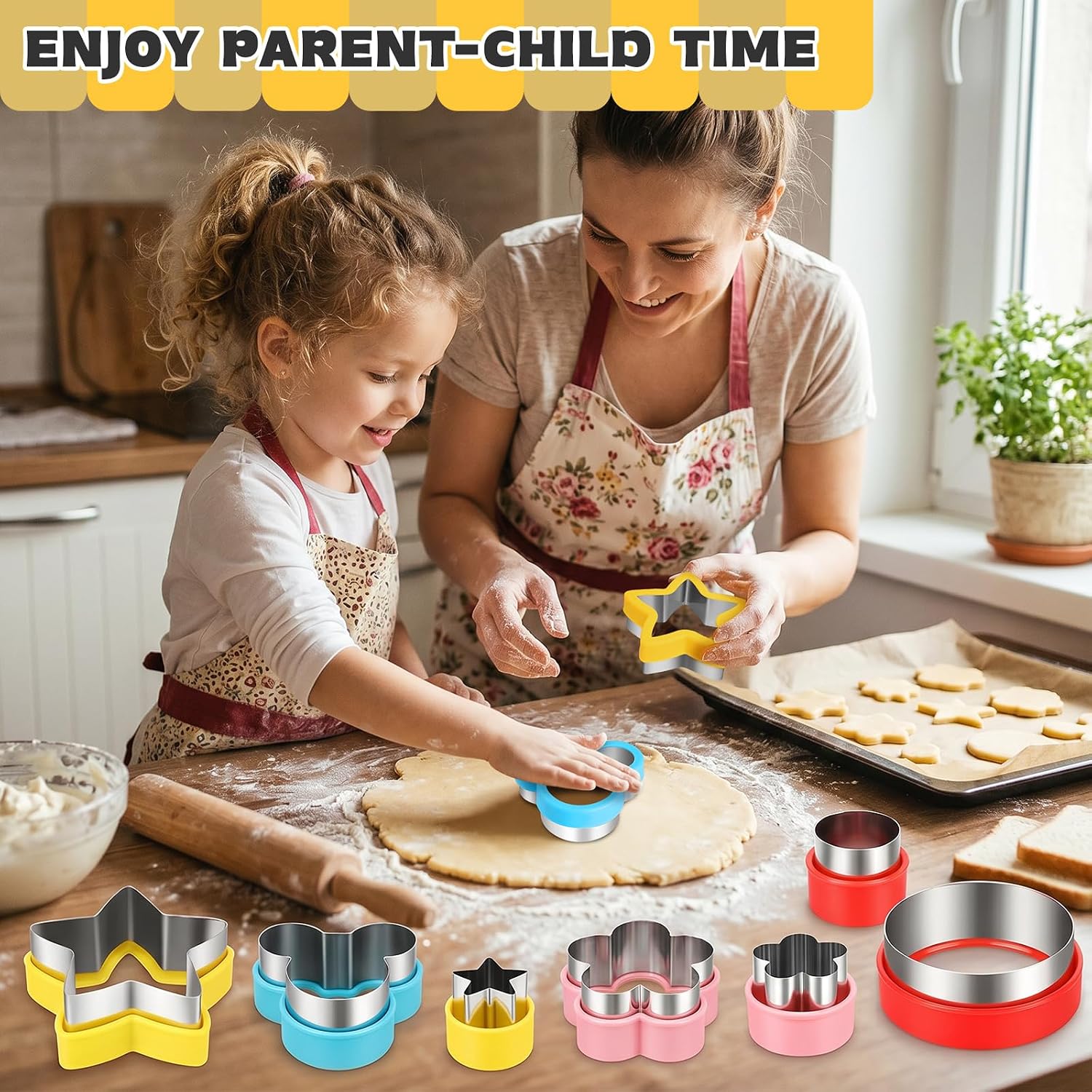 12 PCS Cookie Cutter Set, Stainless Steel with Safety Grip, Round Star Flower Cartoon Mouse Shapes in 3 Sizes, for DIY Baking, Holiday Party, Cake Decor, Sandwich and Fruit Cutter