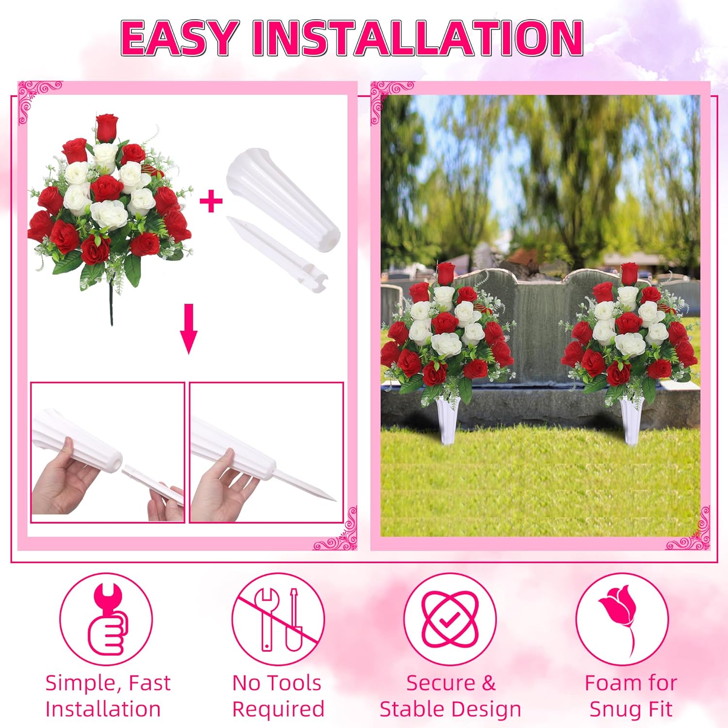 Set of 2 Artificial Cemetery Flowers, Grave Memorial Flowers with Vase, Outdoor Grave Decorations Roses for Cemetery Headstones Decoration (Red White)