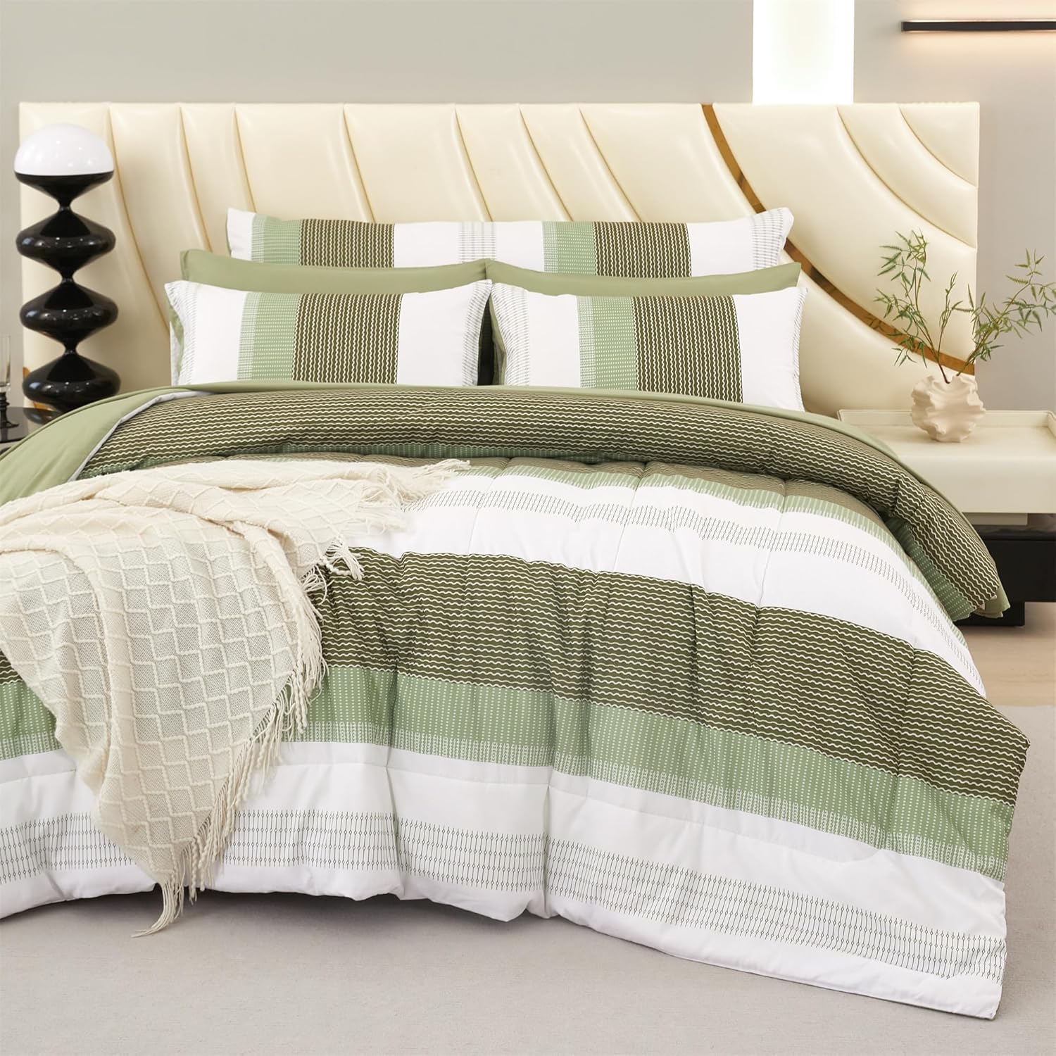 RYNGHIPY Olive Green Striped Bed Sets: 8 Pieces Soft Lightweight Bed in A Bag Full Size Microfiber Down Alternative Comforter Sets with Corner Loops (Full,Olive Green)