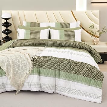 RYNGHIPY Olive Green Striped Bed Sets 8 Pieces Soft Lightweight Bed in A Bag Queen Size Microfiber Down Alternative Comforter Sets with Corner Loops Queen,Olive Green