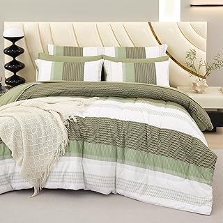 14 Green Bedroom Ideas for Calm Fresh Natural Appeal 6 RYNGHIPY Olive Green Striped Bed Sets: 8 Pieces Soft Lightweight Bed in ...