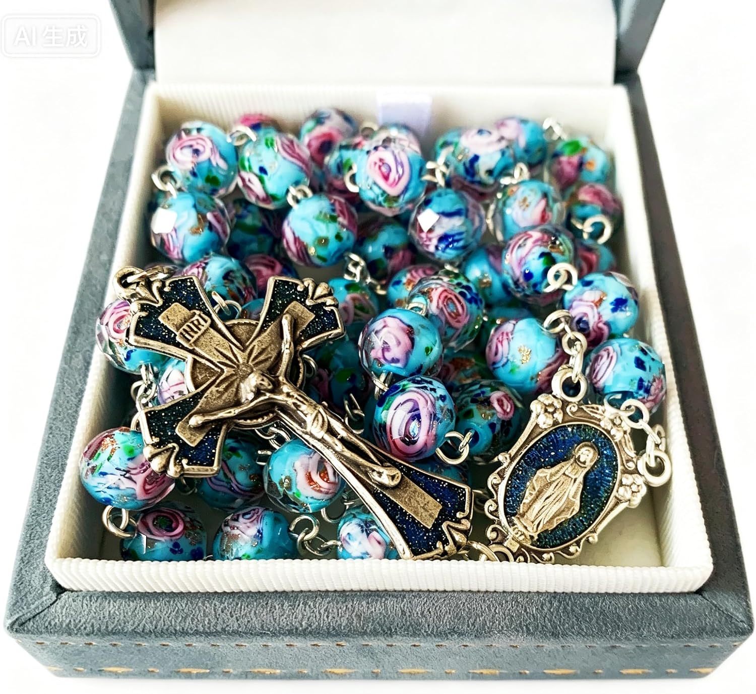 Soul Redeemer Handmade Catholic Rosary with Blue Blue Veluriyam Beads, Italy Crucifix Cross Pendant, Gift for Men and Women