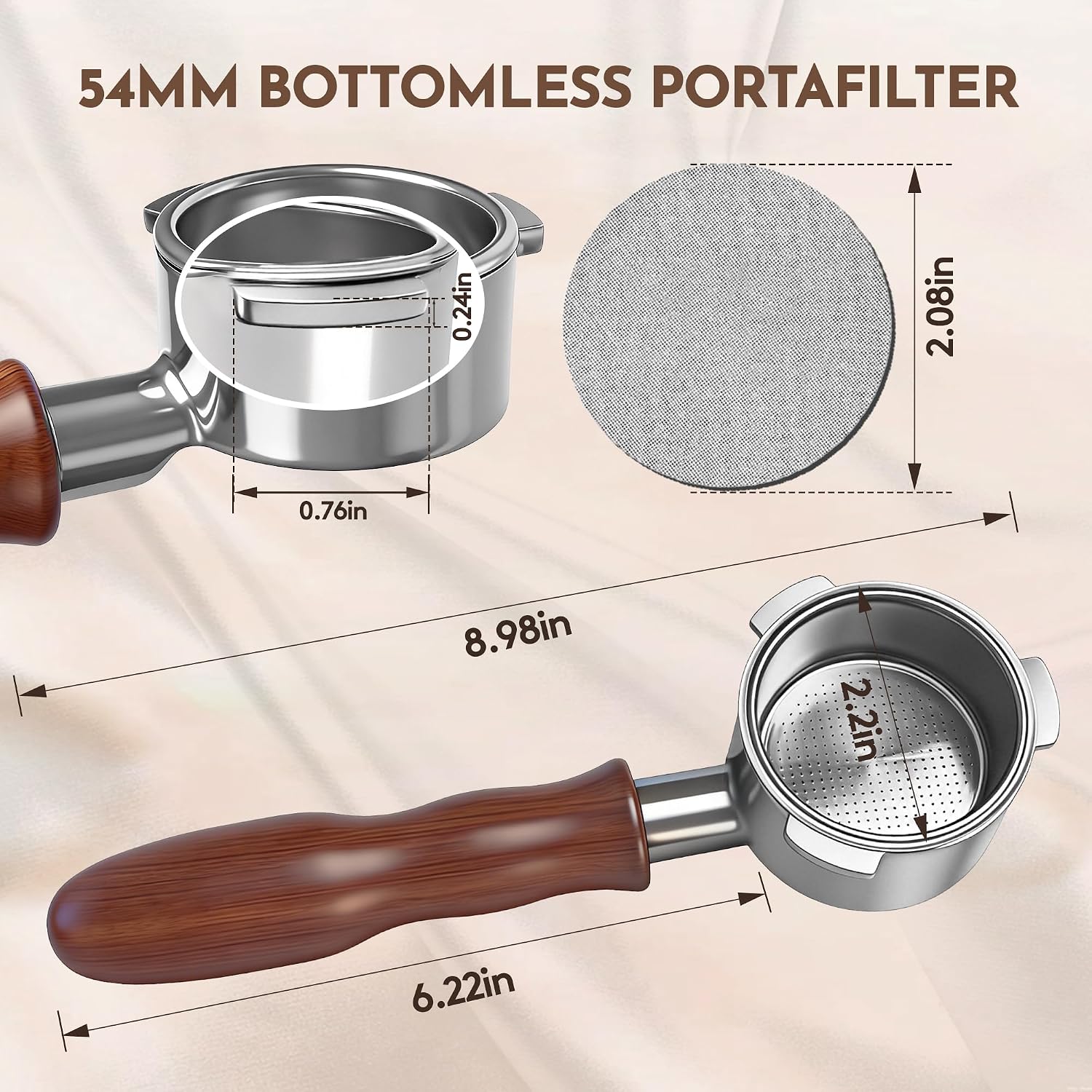 54mm Bottomless Portafilter for Breville Barista Express Pro Touch, Naked Portafilter with 18-20g Filter Basket & 53.3mm Puck Screen, 304 FG Stainless Steel, Walnut Handle Espresso Accessories
