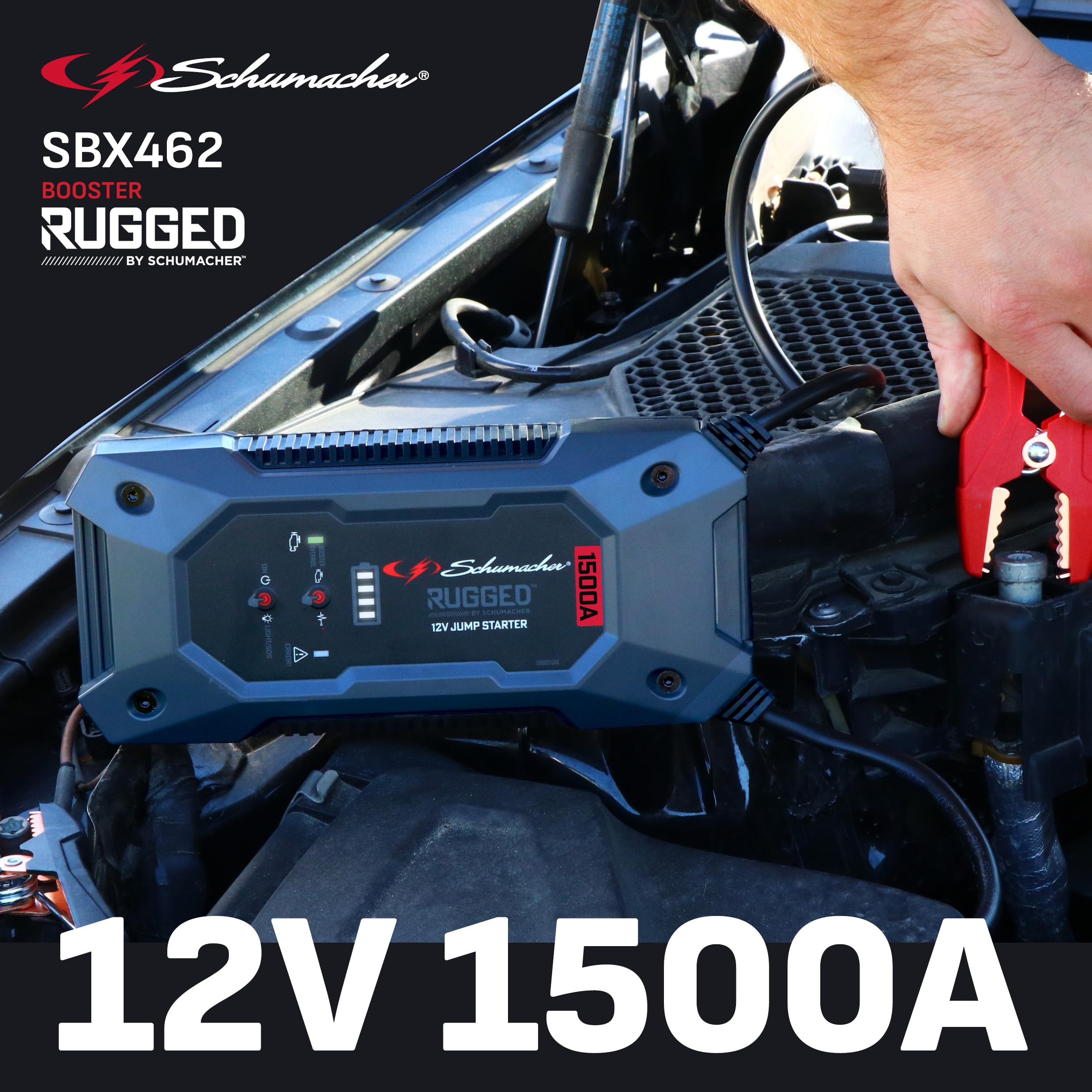 Schumacher Rugged SBX 462 - Booster Batteria Ioni di Litio 1500A 12V - Veicoli fino a 7,0L Benzina / 5,0L Diesel - Torcia Super Potente - Porto USB 2,4A Sortie / 2,0A Entrata - Protezione IP64