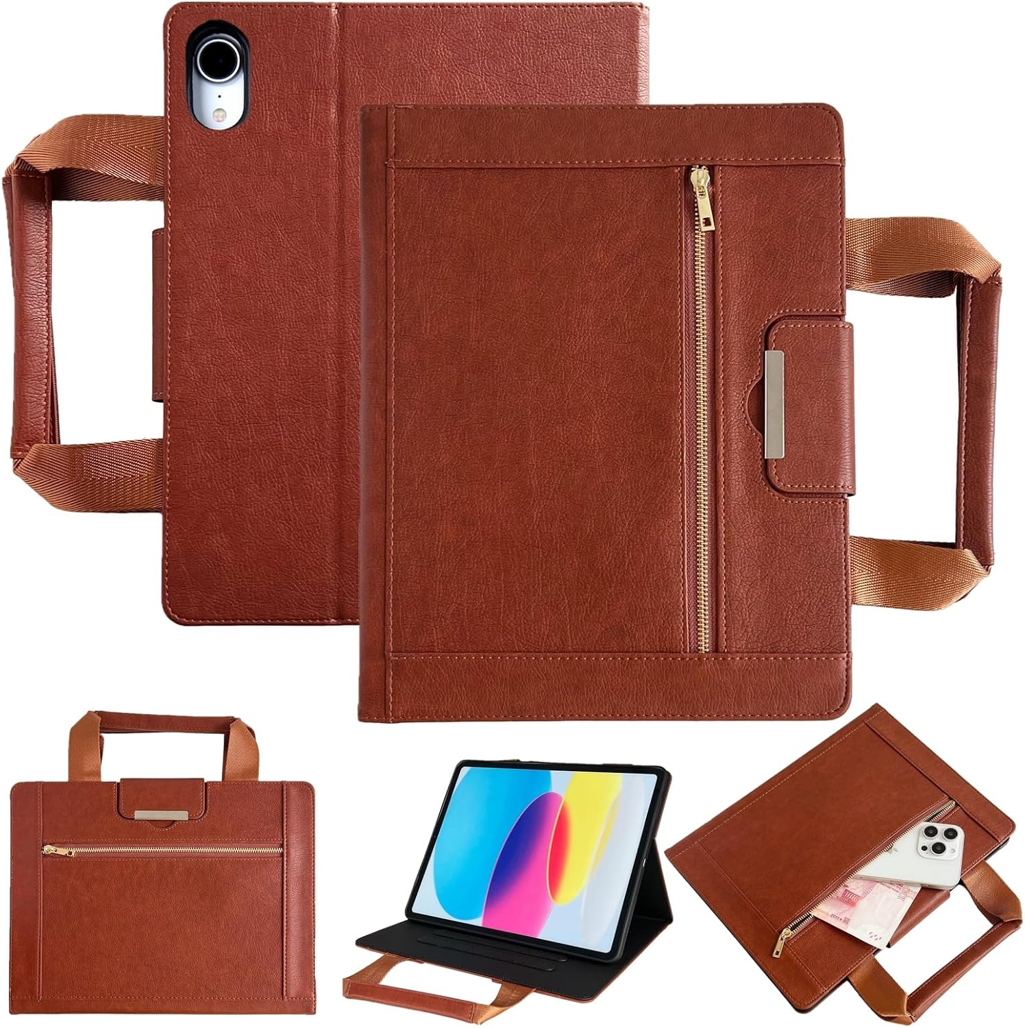 Dteck for Apple iPad mini (A17 Pro/6th Generation) Smart Folio Case 8.3" 2024/2021 Model with Handle/Zipper Pocket, Auto Sleep Wake, Magnetic Closure, PU Leather Protective Fold Stand Cover, Brown