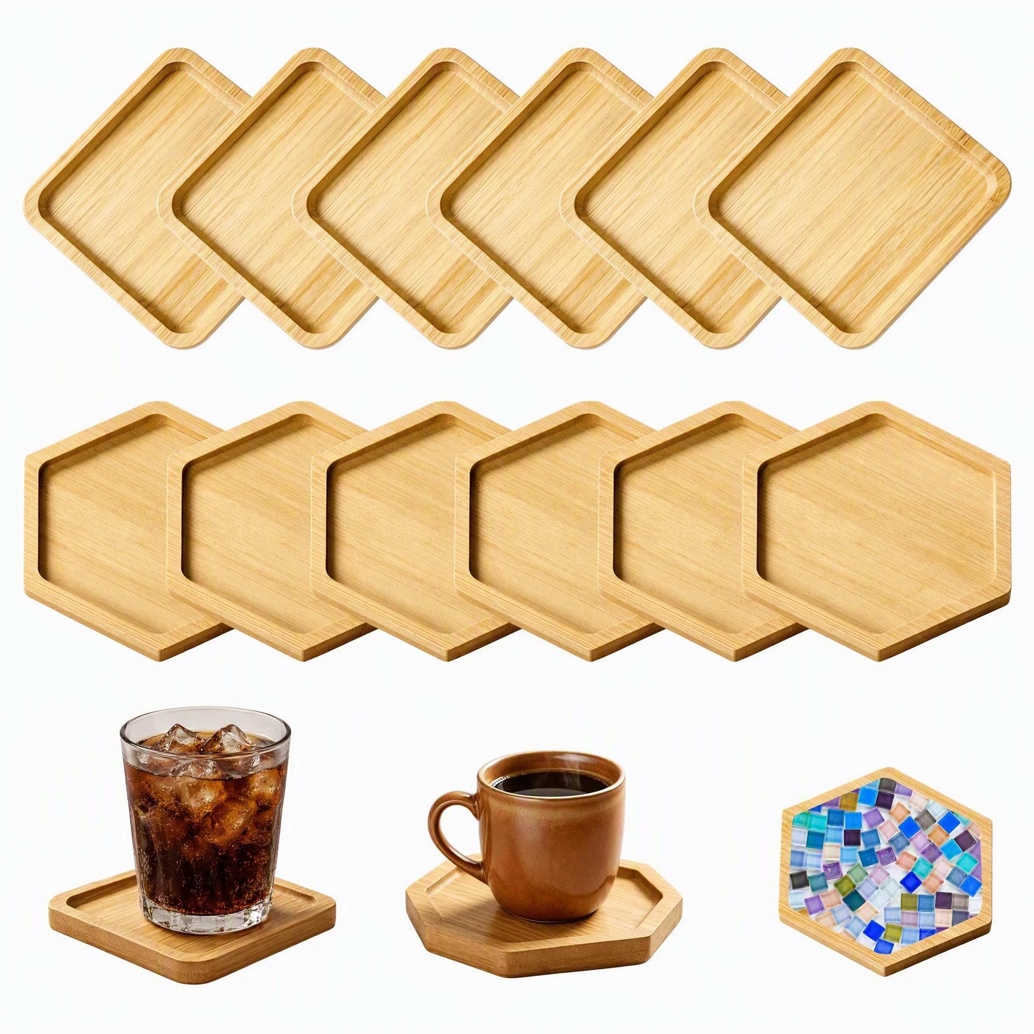 12Pcs Wooden Mosaic Coasters, 9cm Square Hexagon Bamboo Coasters Crafting