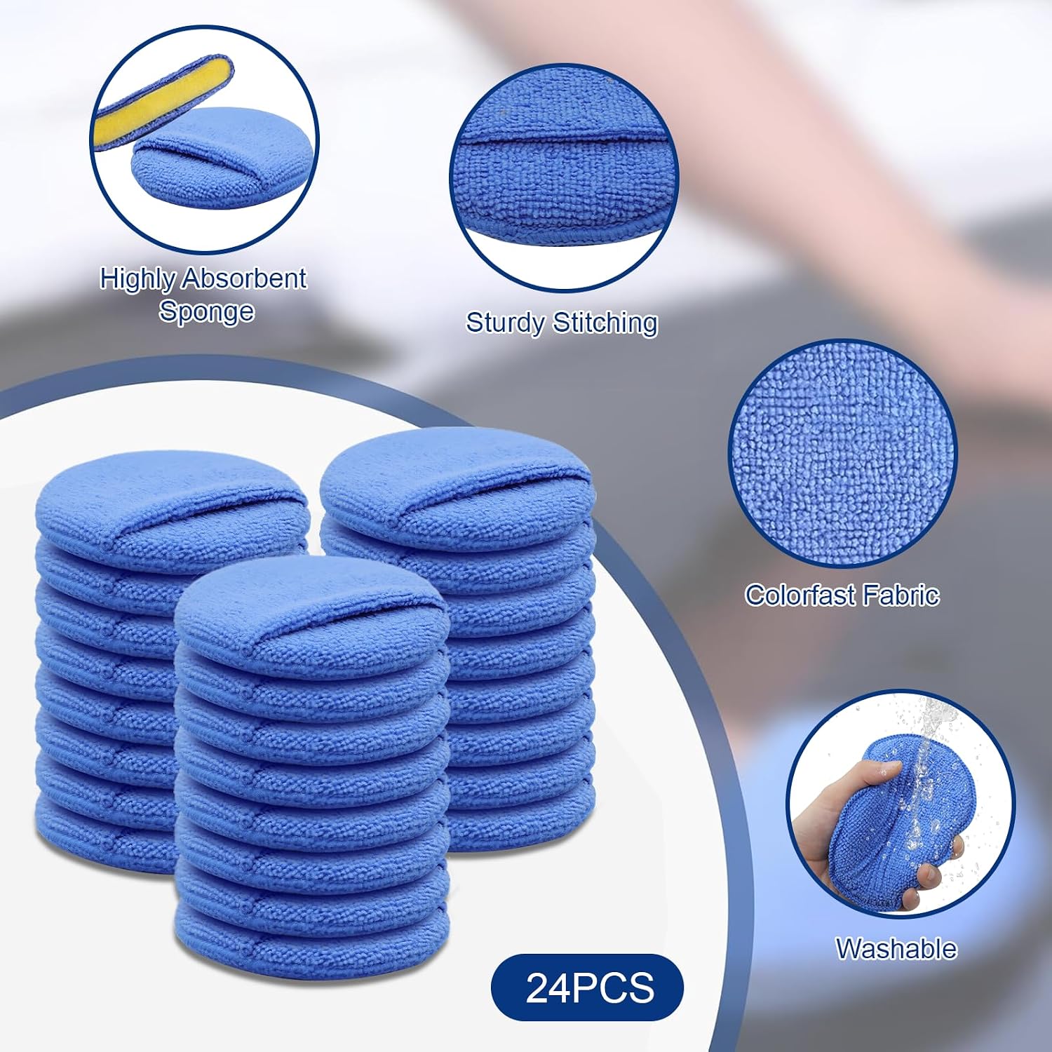 Microfiber Wax Applicator Pad, 24Pack Car Wax Applicator Pads Premium Foam for Auto Detailing, Hand, Machine Polish, Ceramic Coating, Safe for Cars, Motorcycles, Boats, Professional Use, Blue