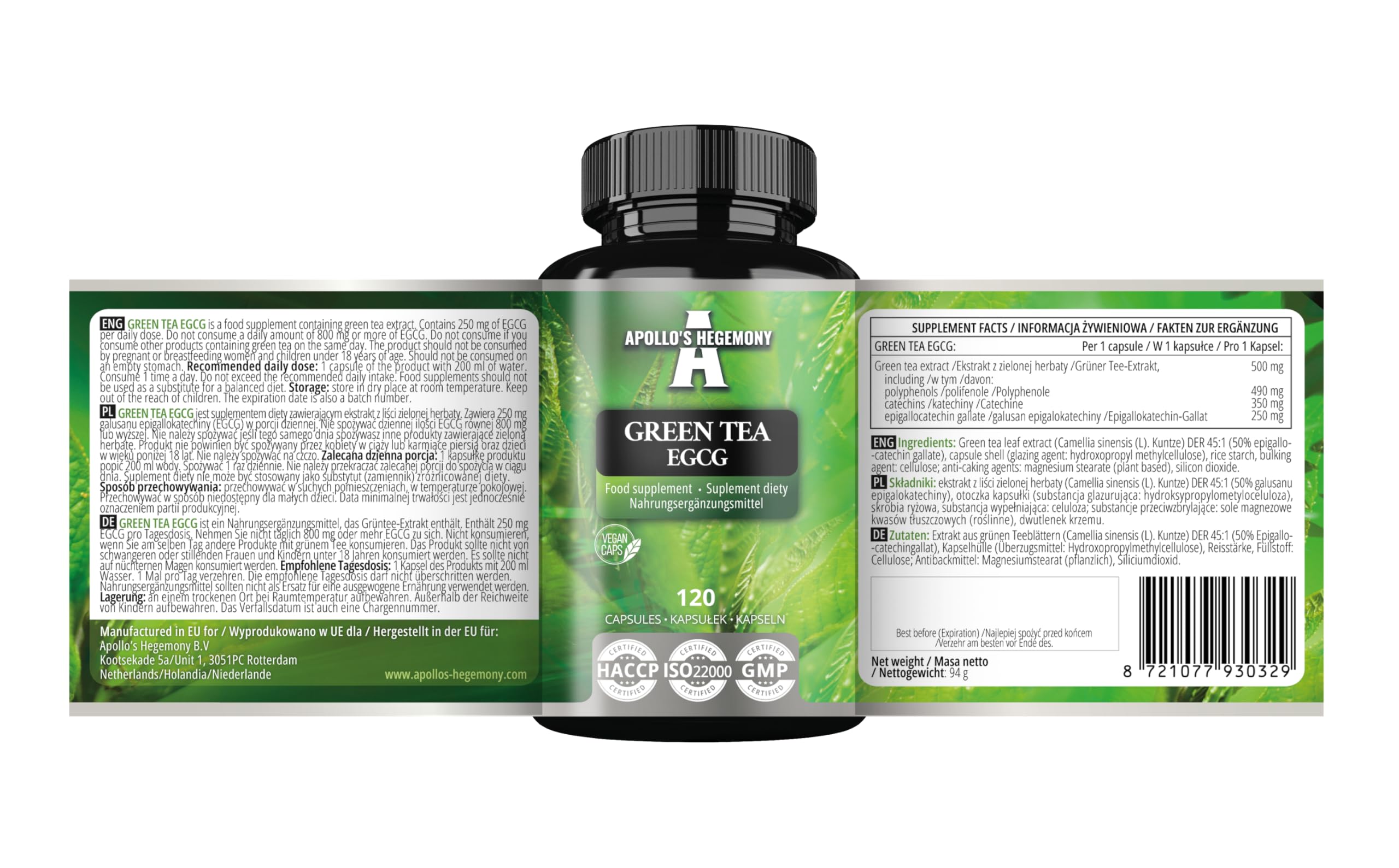 Estratto di tè verde 500 mg, contiene il 50% di EGCG e il 98% di polifenoli, 120 capsule vegane, 4 mesi di fornitura, bruciagrassi naturale, supporto antiossidante - da Apollo's Hegemony