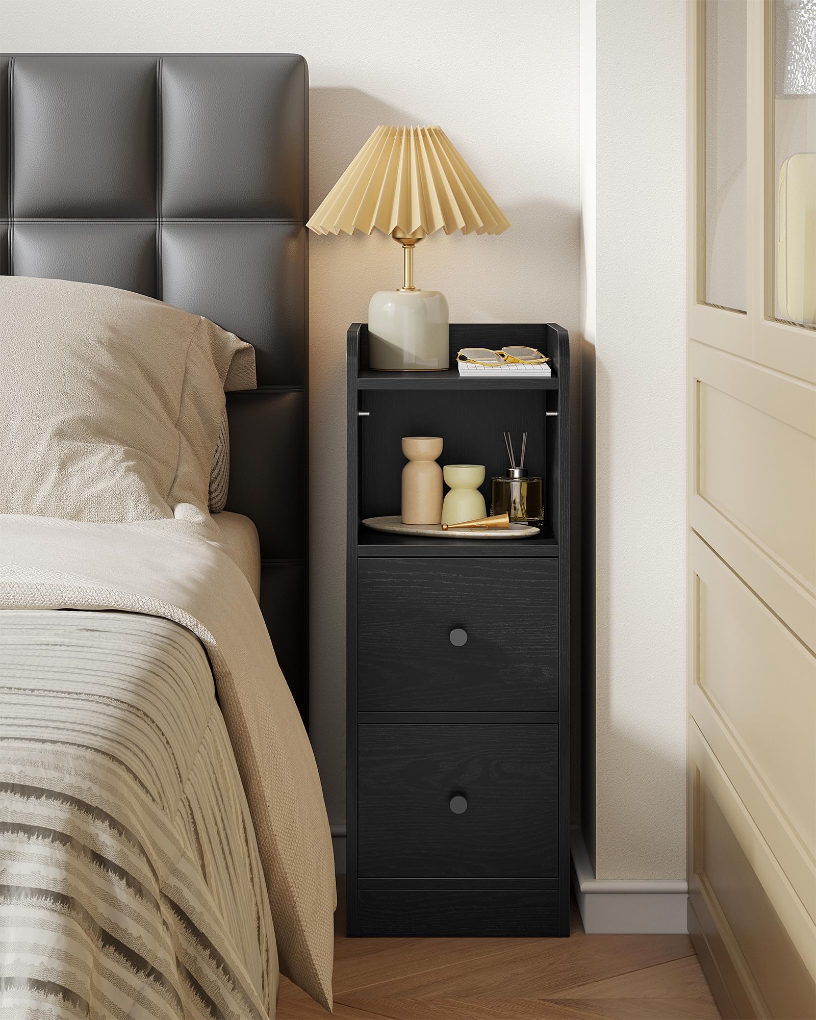 Hzuaneri Mesilla de Noche de 2, Mesas Auxiliares con 2 Cajones, Negro | Protector Superior, para Espacios reducidos, para Dormitorio, Salón, 30 x 24 x 65 cm, NS62204X