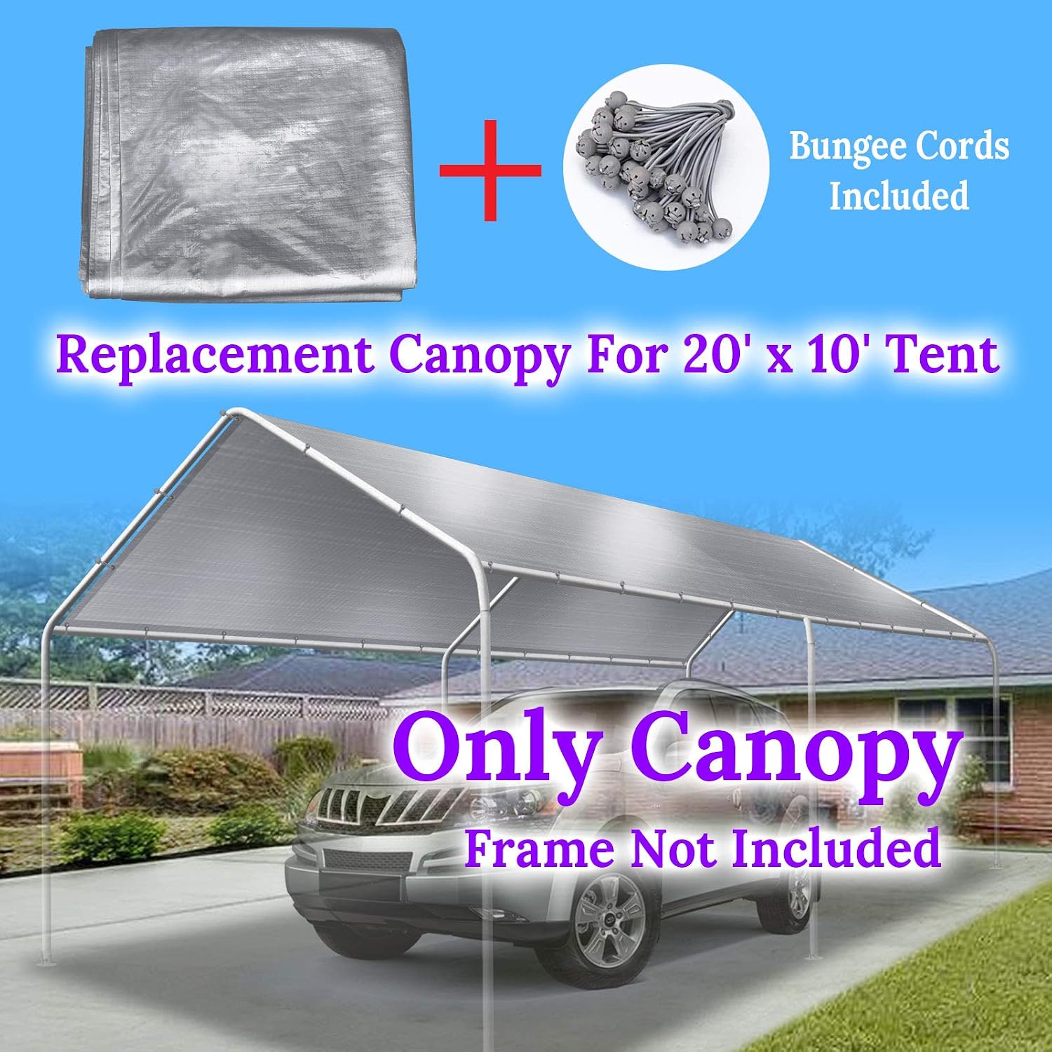 BenefitUSA Canopy ONLY 10x20 ft Carport Replacement Canopy (Without/Edge) Garage Top Cover Tent Shelter Tarp with Ball Bungee Cords (Silver)