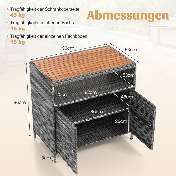 COSTWAY Gartenschrank Rattan, Terrassenschrank mit Akazienholz-Arbeitsplatte, offenem Fach und Doppeltür, Outdoor Aufbewahrungsschrank für Garten, Terrasse, 90 x 53 x 86 cm (Grau) - 4