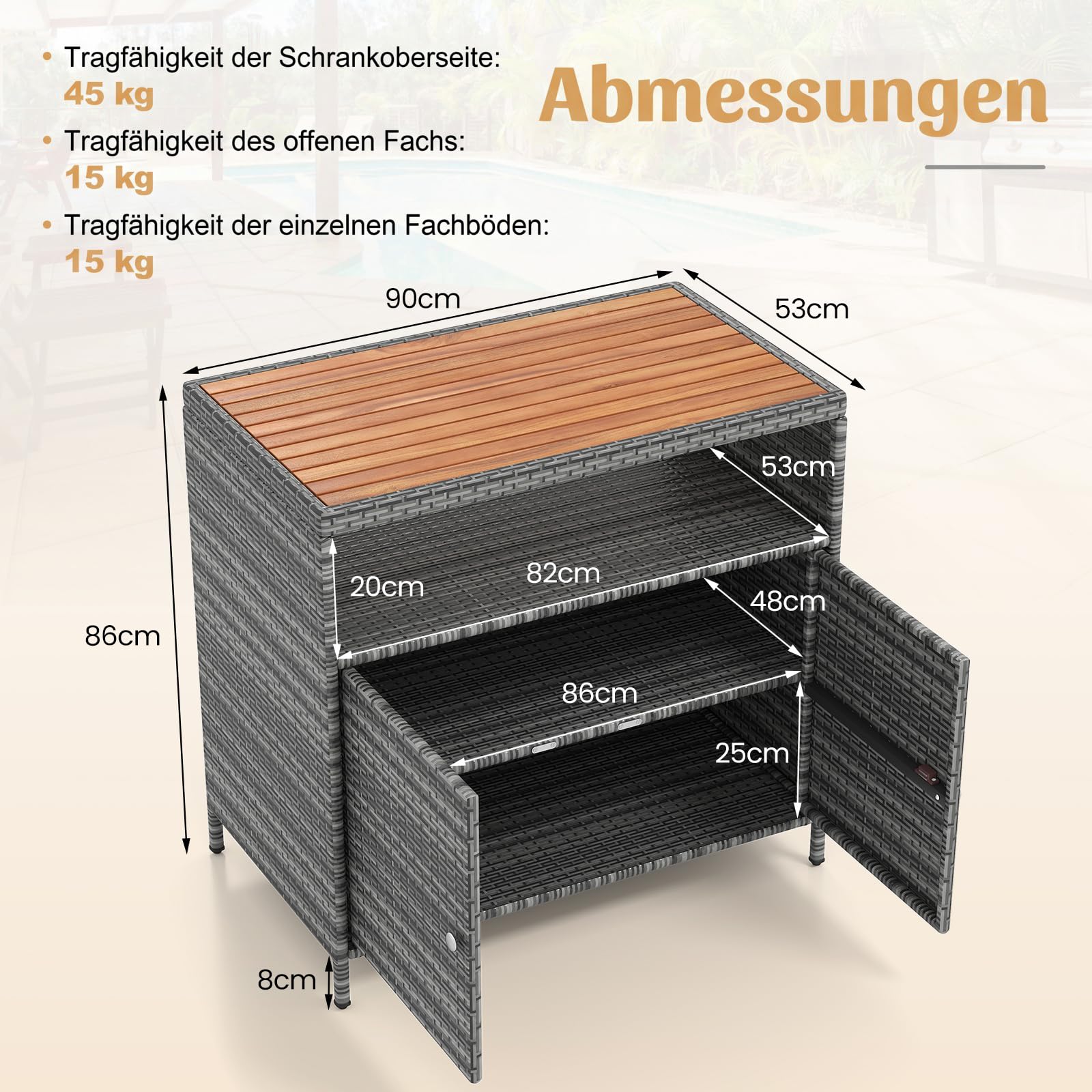 COSTWAY Gartenschrank Rattan Terrassenschrank Akazienholz-Arbeitsplatte Doppeltür Outdoor Aufbewahrungsschrank 90x53x86 cm Grau