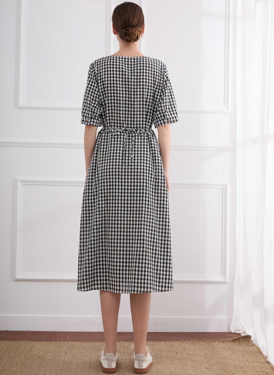 Minibee Women's Cotton Linen Dress Summer Short Sleeve Casual Plaid Flowy A-Line Midi Dresses with Pockets - Image 4