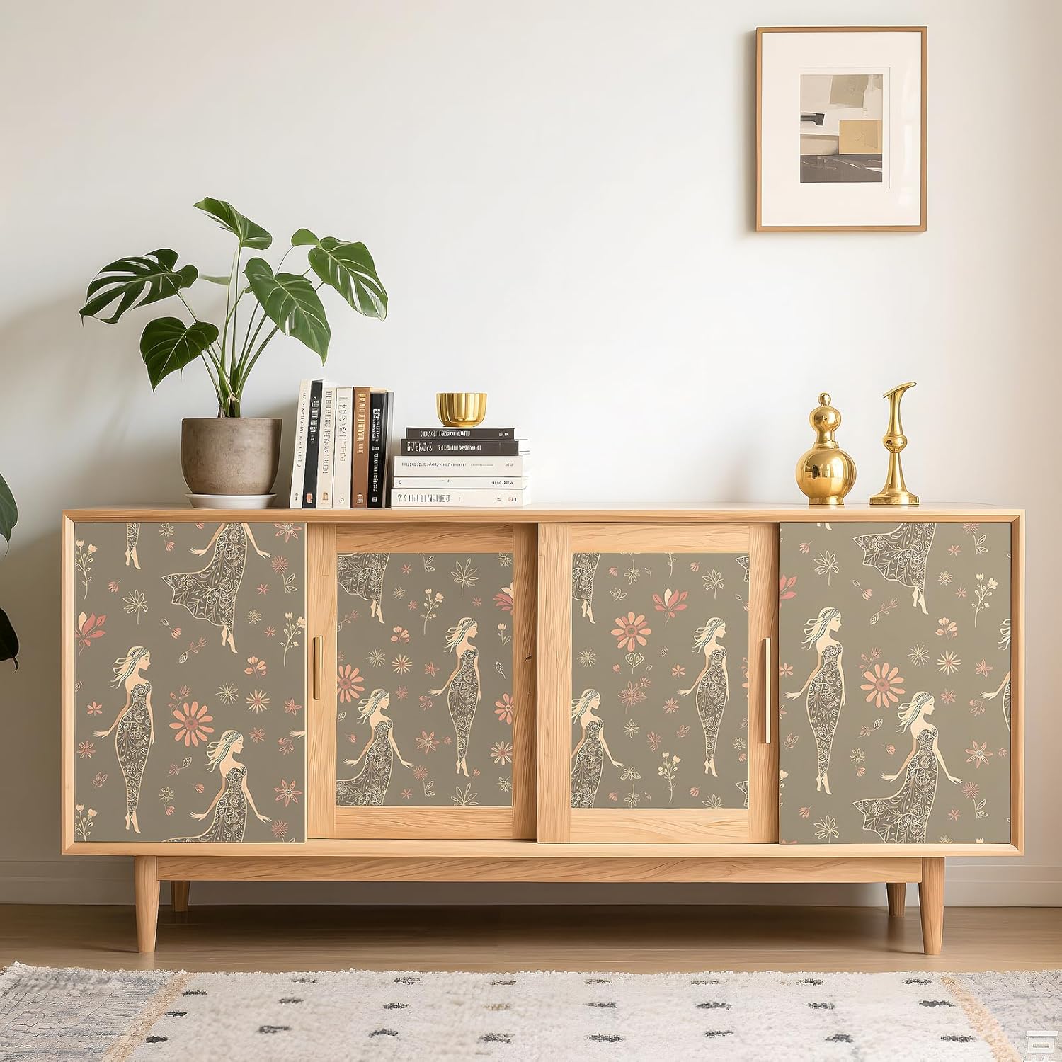 Stickyart 17.5"x276" Peel and Stick Elegant Woman Floral Wallpaper Romantic Floral Woman Silhouette Wallpaper Self Adhesive Retro Boho Taupe Chic Feminine Flower Contact Paper for Bedroom Wall