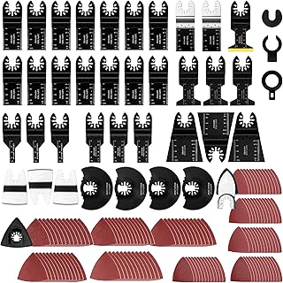159 PCS Oscillating Saw Blades with Sandpaper, Universal Titanium Multitool Blades for Wood/Plastics/Metal, Quick Release Multi Tool Kits Compatible with Dewalt, Ridgid, Ryobi, Rockwell