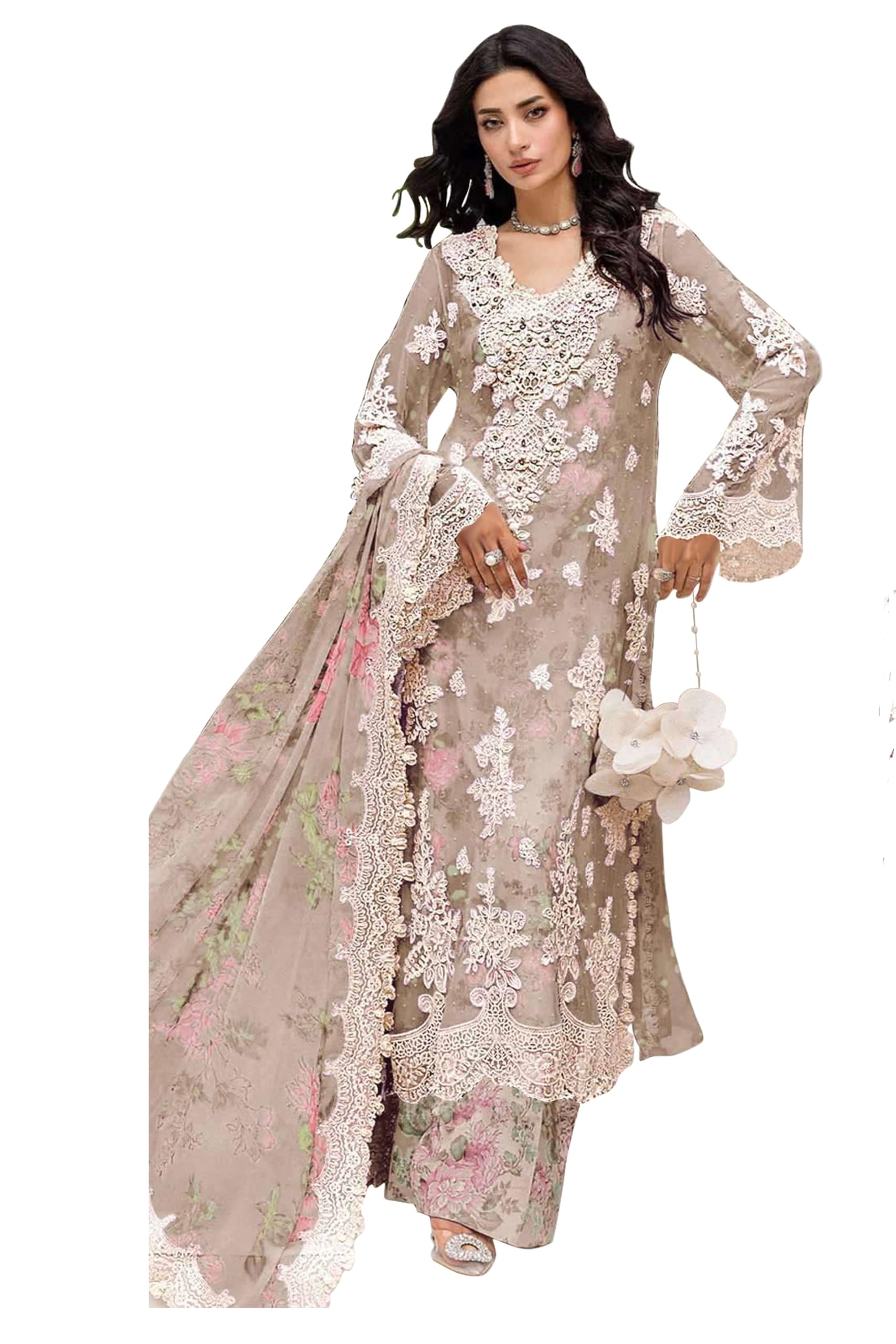 WOMEN'S Chiffon Premium Ethnic Suit Fabric Set for Women – Designer Kurti Pattern with Embroidered Sleeves (SF271451 White free-size)-image-45