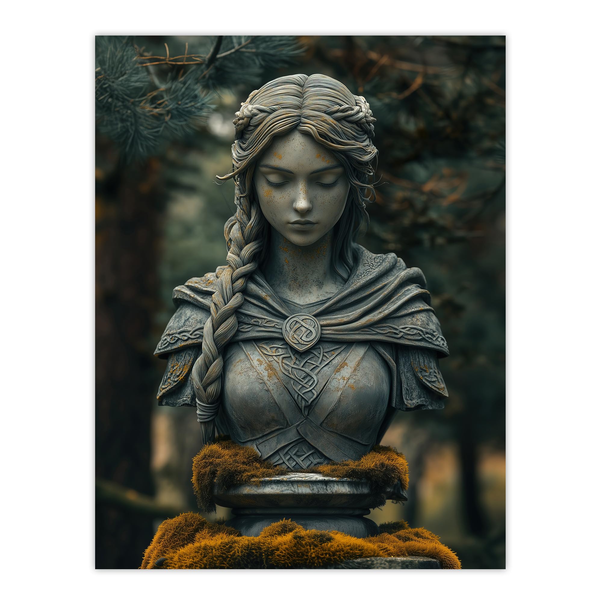 Artery8 Norse Shield Maiden Warrior Bust Statue in Forest Living Room Large Wall Art Poster Print Thick Paper 18X24 Inch
