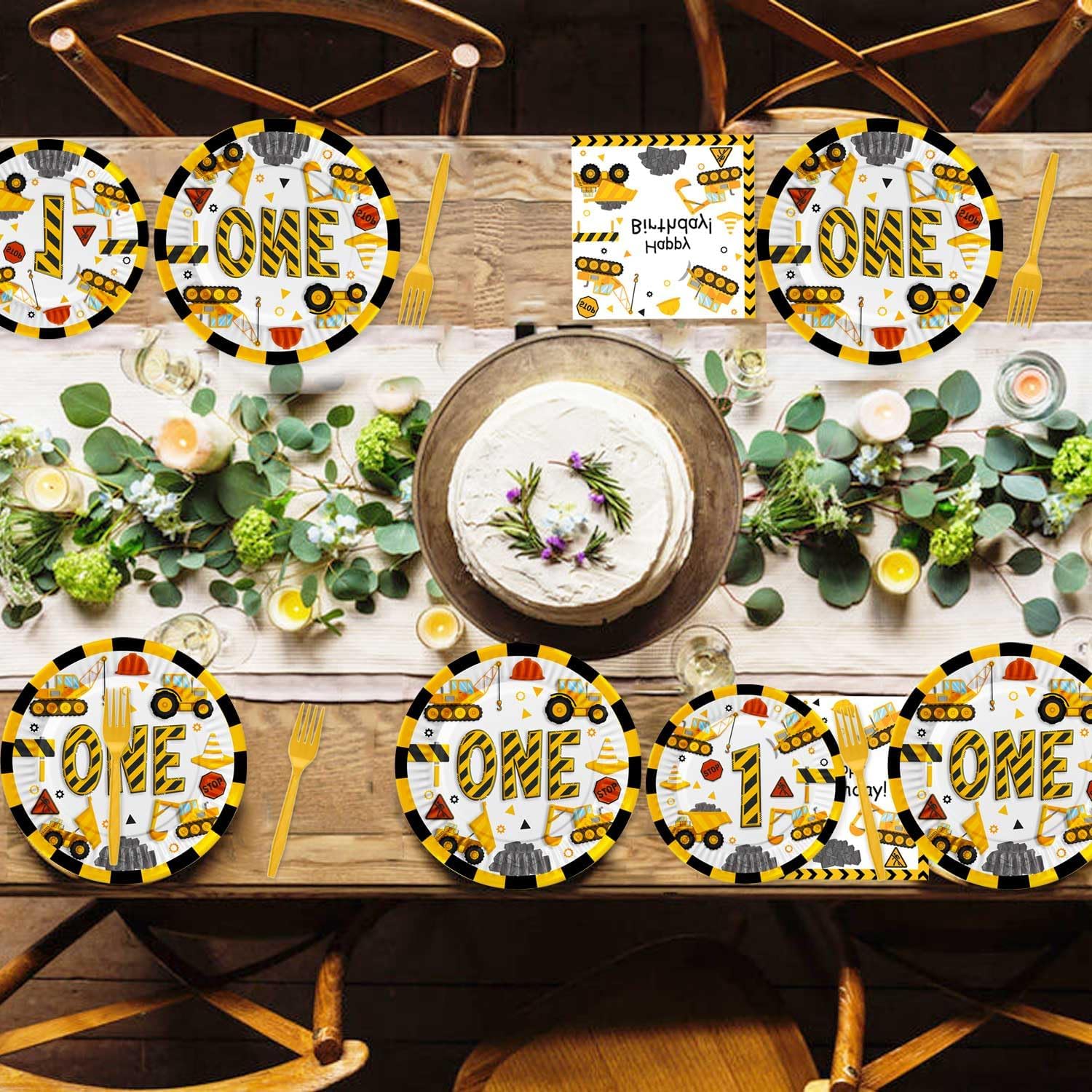 345 Pcs Construction 1st Birthday Party Supplies, Dump Truck One Year Old Party Decorations Include Backdrop, Balloons Box, Hanging Swirls, High Chair Banner, Hat, Tablecloth, Plates, Cake Toppers