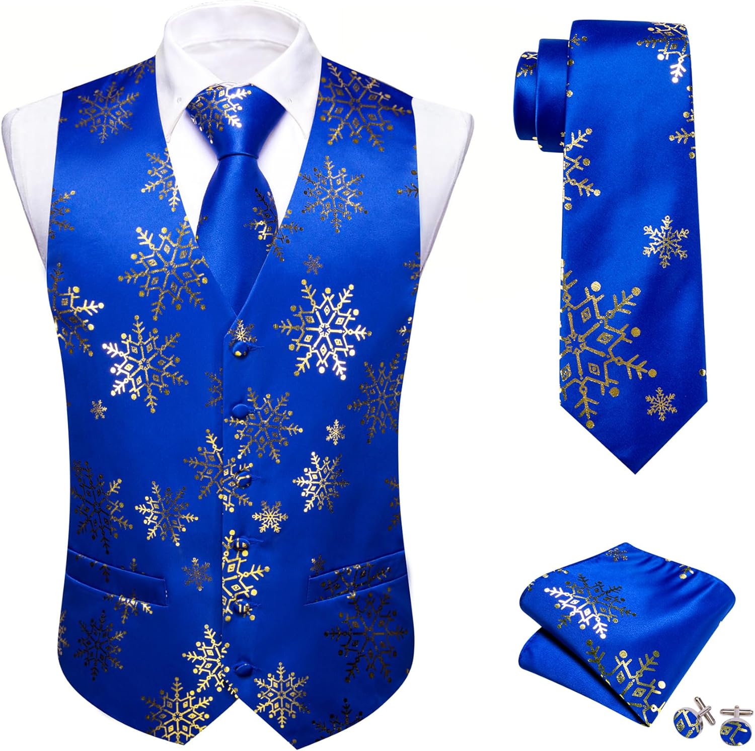 Barry.Wang Men Christmas Vest Red Green Xmas Tree Snow Elk Snowflake Holiday Suit Waistcoat Tie Set New Year Festival