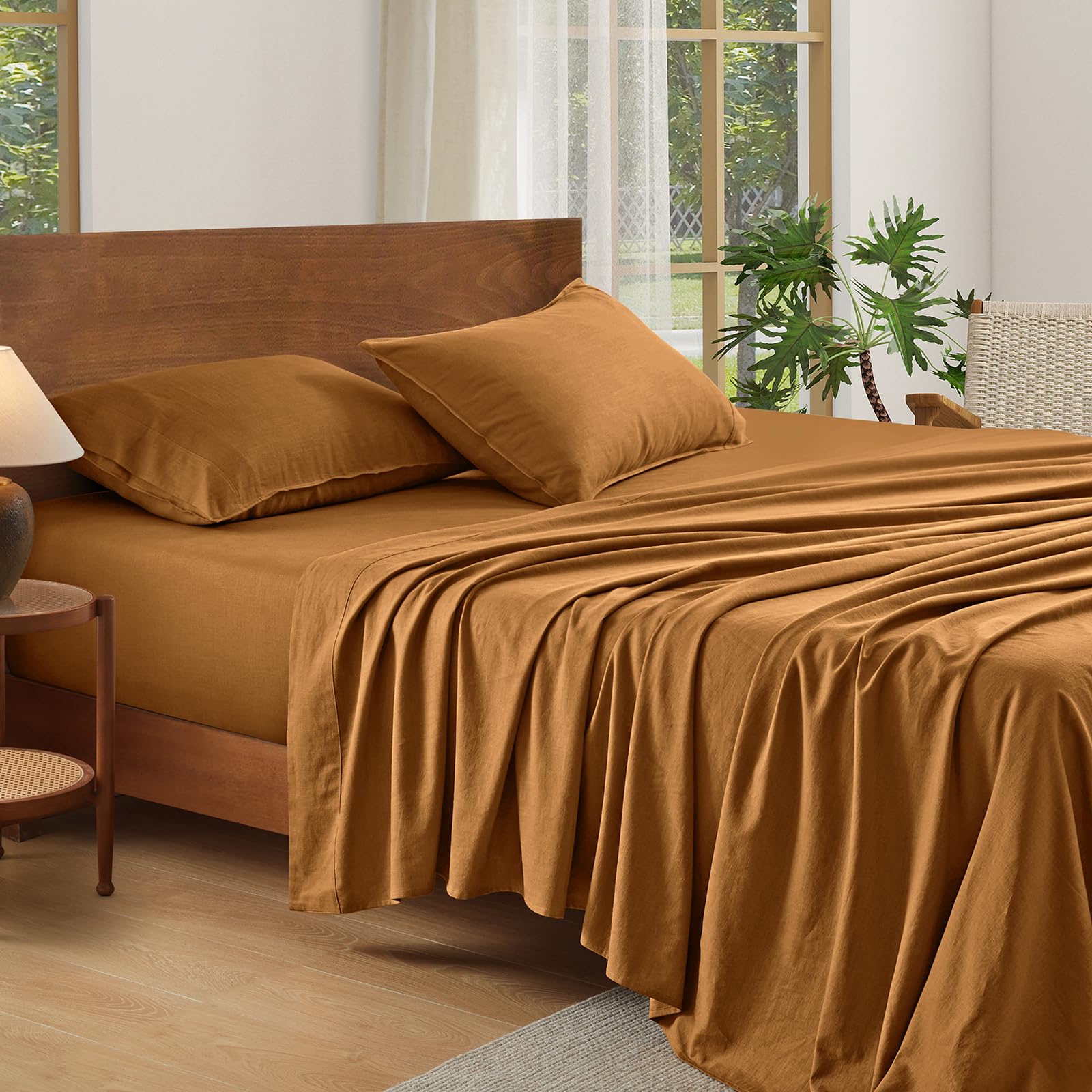 100 French Linen Sheets Honey Ginger King Size Sheets Set Breathable and Durable for Hot Sleepers 4 Pcs