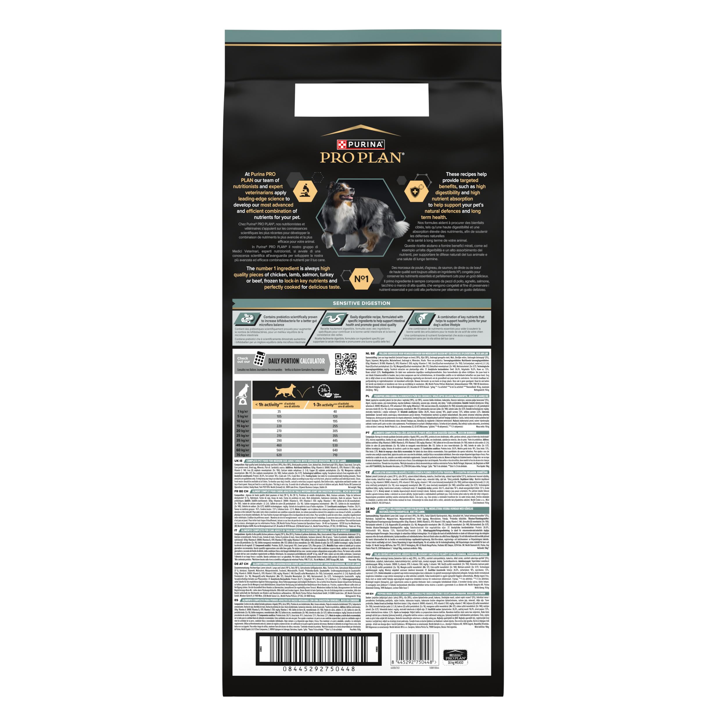 Purina Pro Plan Medium Adult Digestion Pienso para Perro Mediano Adulto, Digestión Sensible con Cordero, Saco de 16kg