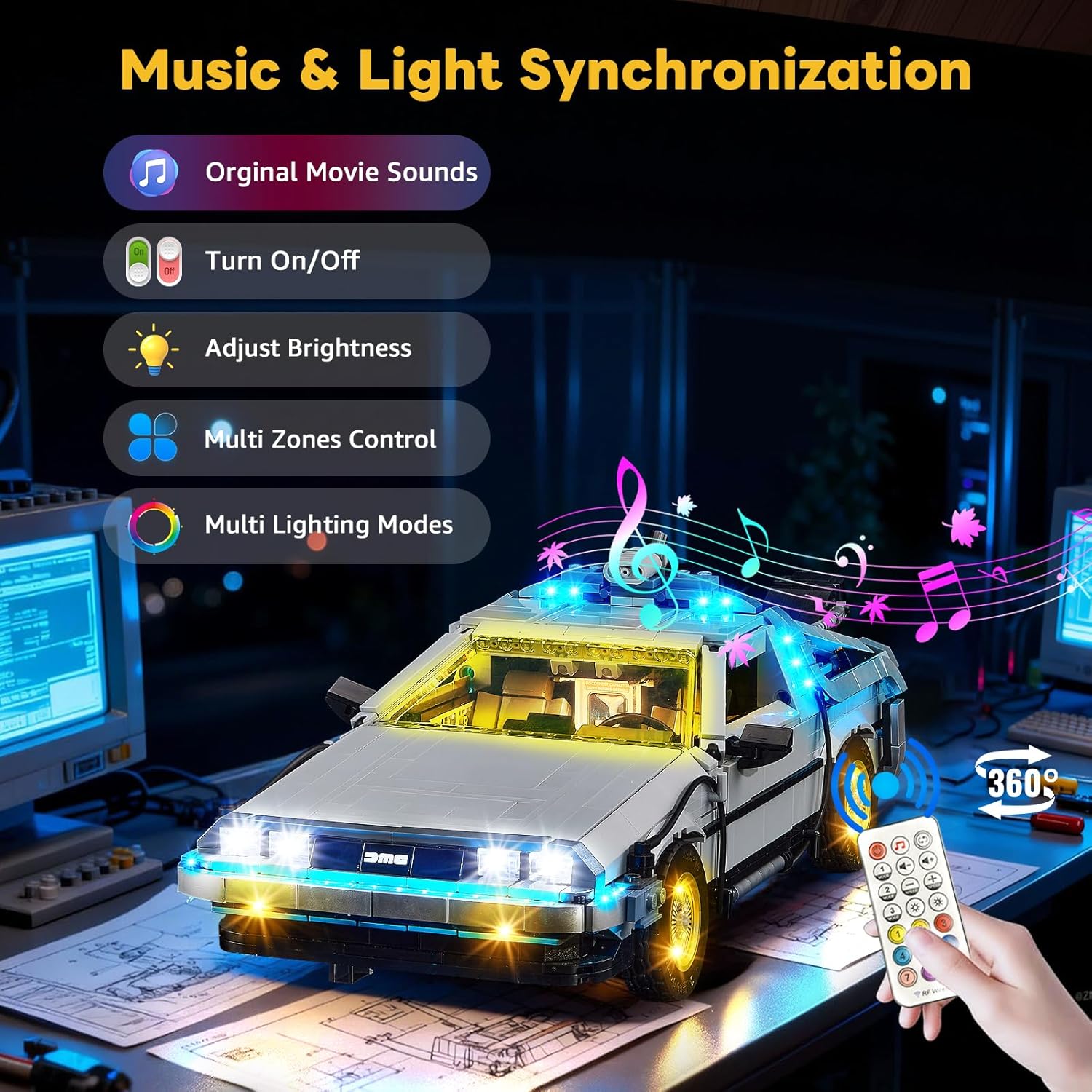 Kyglaring LED Light Kit Compatible with Lego Back to The Future Time Machine 10300 Building Set - Upgraded Movie Sound & Remote Control & Multi-Mode Dimming (Lights Only)
