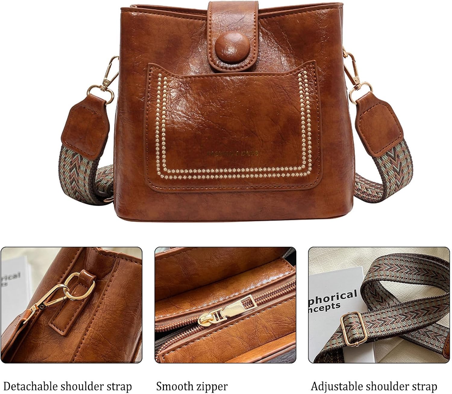 Trendy Vegan Leather Crossbody Bag For Women - Small Bucket Hobo With 2 Adjustable Guitar Straps (Multiple Colors)