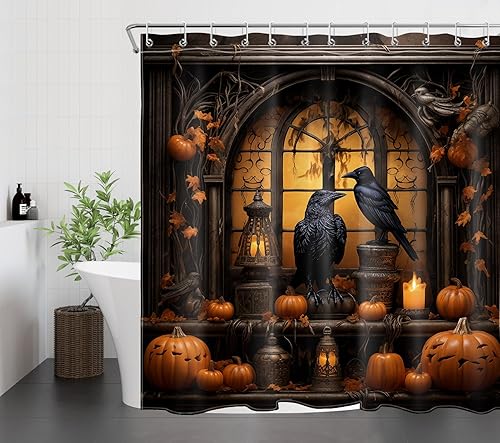 Miniatura 3 de Cortina de ducha de terror de Halloween con ganchos, cuervo negro y calabaza naranja en estantería, cortinas de ducha para decoración de baño,