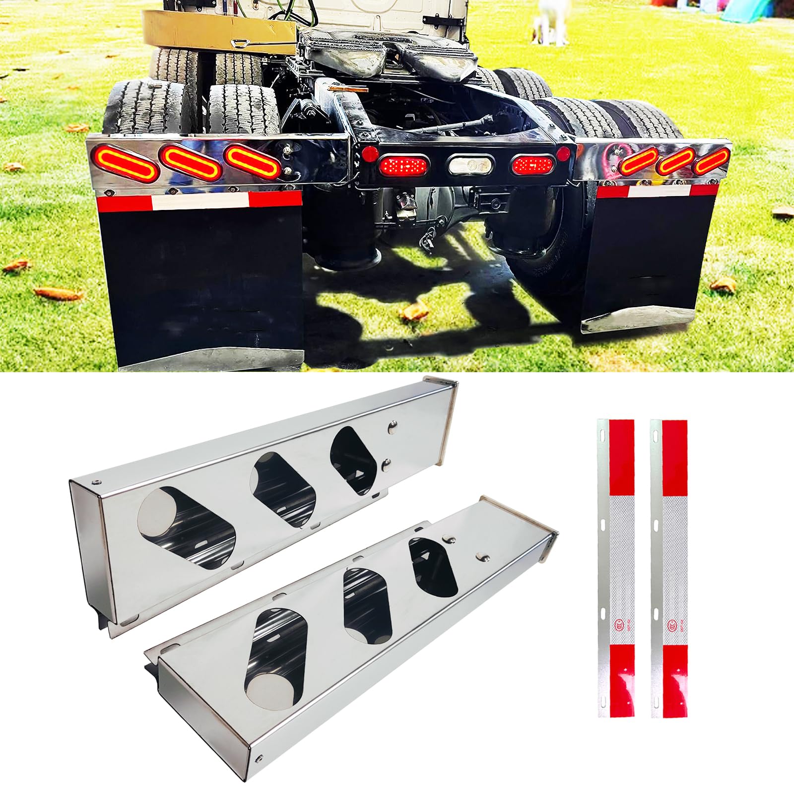 Soportes de acero inoxidable con cintas reflectantes de aluminio y recortes de luz ovalados de 2.5 pulgadas de longitud y 30 pulgadas de longitud, para remolques de semirremolques, paquete de 2