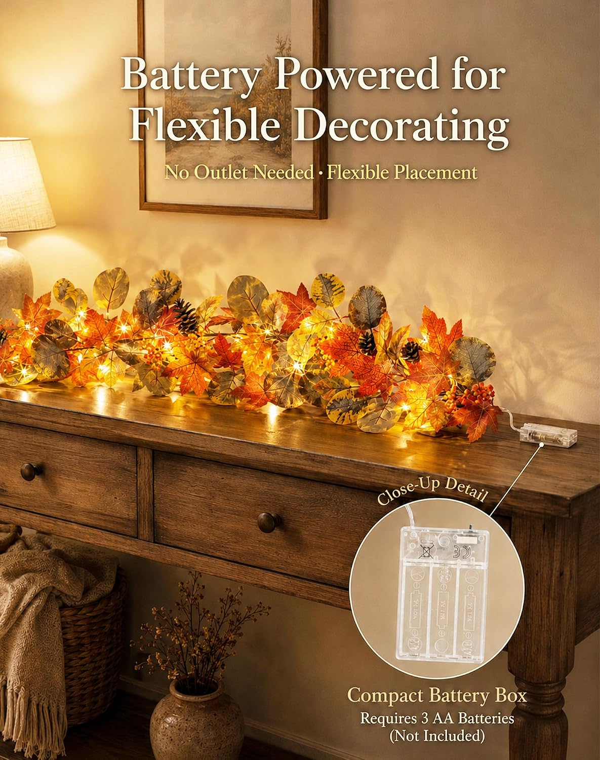 Fall Garland with 35 Warm LED Lights for Home, Fireplace Mantel, Outdoor