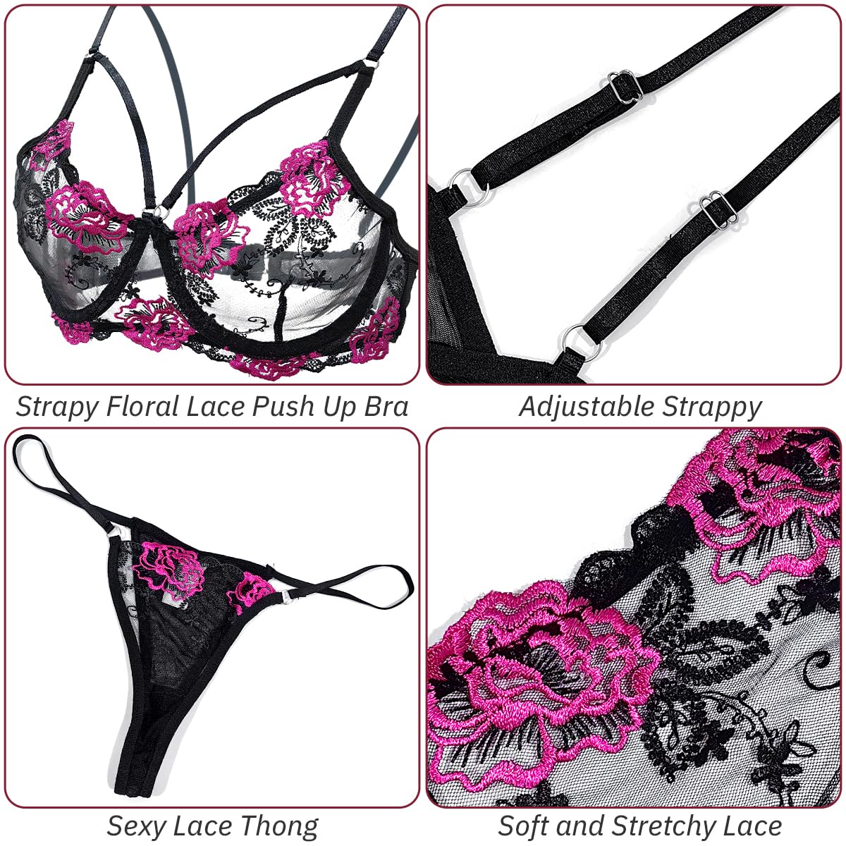 Sexy outfit Seksowne komplety bielizny z haftem w róże 2 szt. Biustonosz z fiszbinami w kwiaty z siateczki i sznurkiem Prześwitujące regulowane ramiączka Bielizna Dekolt w kształcie litery V Bielizna