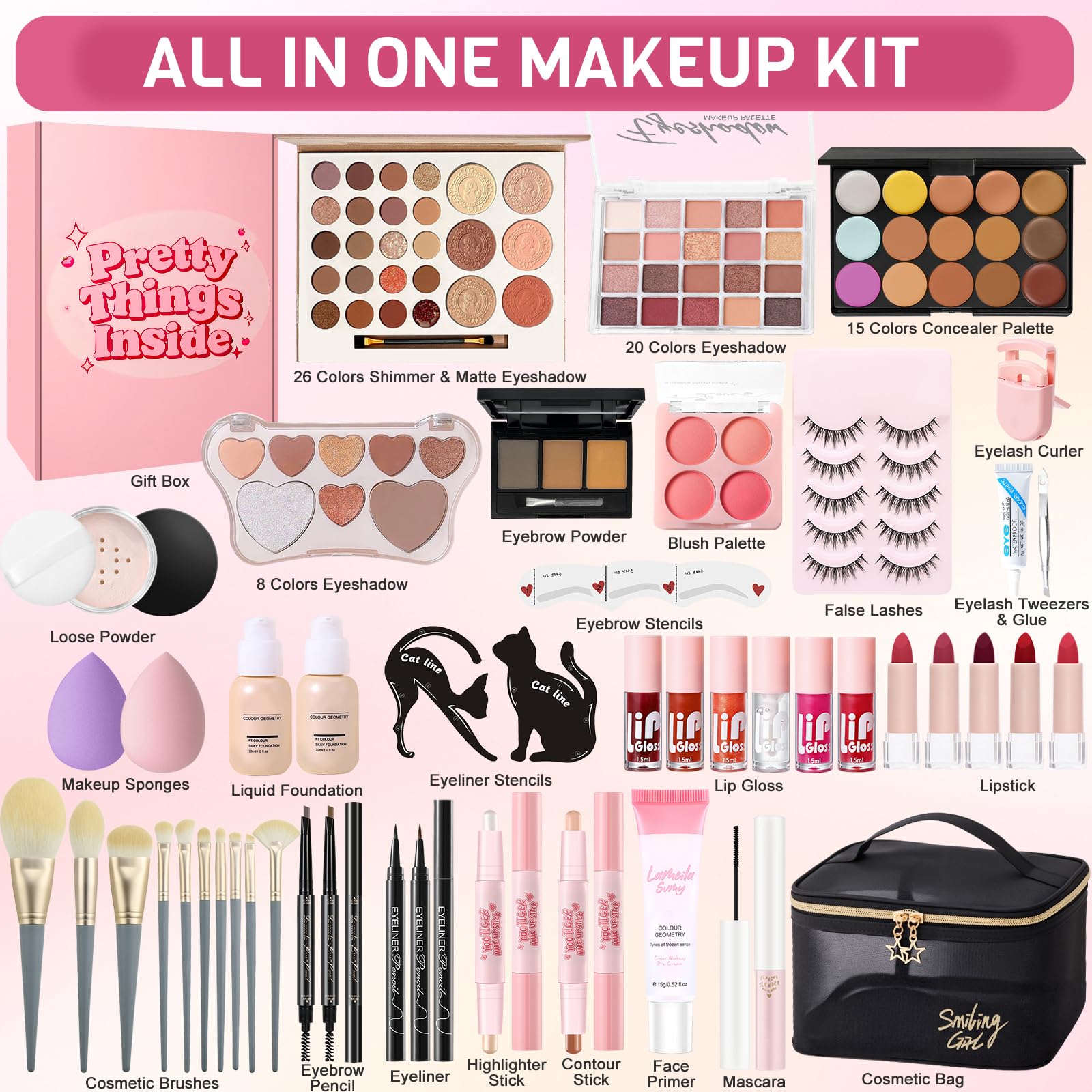 Set Maquillaje Mujer, Set Regalo Maquillaje Adolescentes, Kit de Estuche Maquillaje Profesional Completo con Paleta Sombras de Ojos, Base Líquida, Colorete, Lápiz Labial, Rímel, Gloss Labios, Pinceles