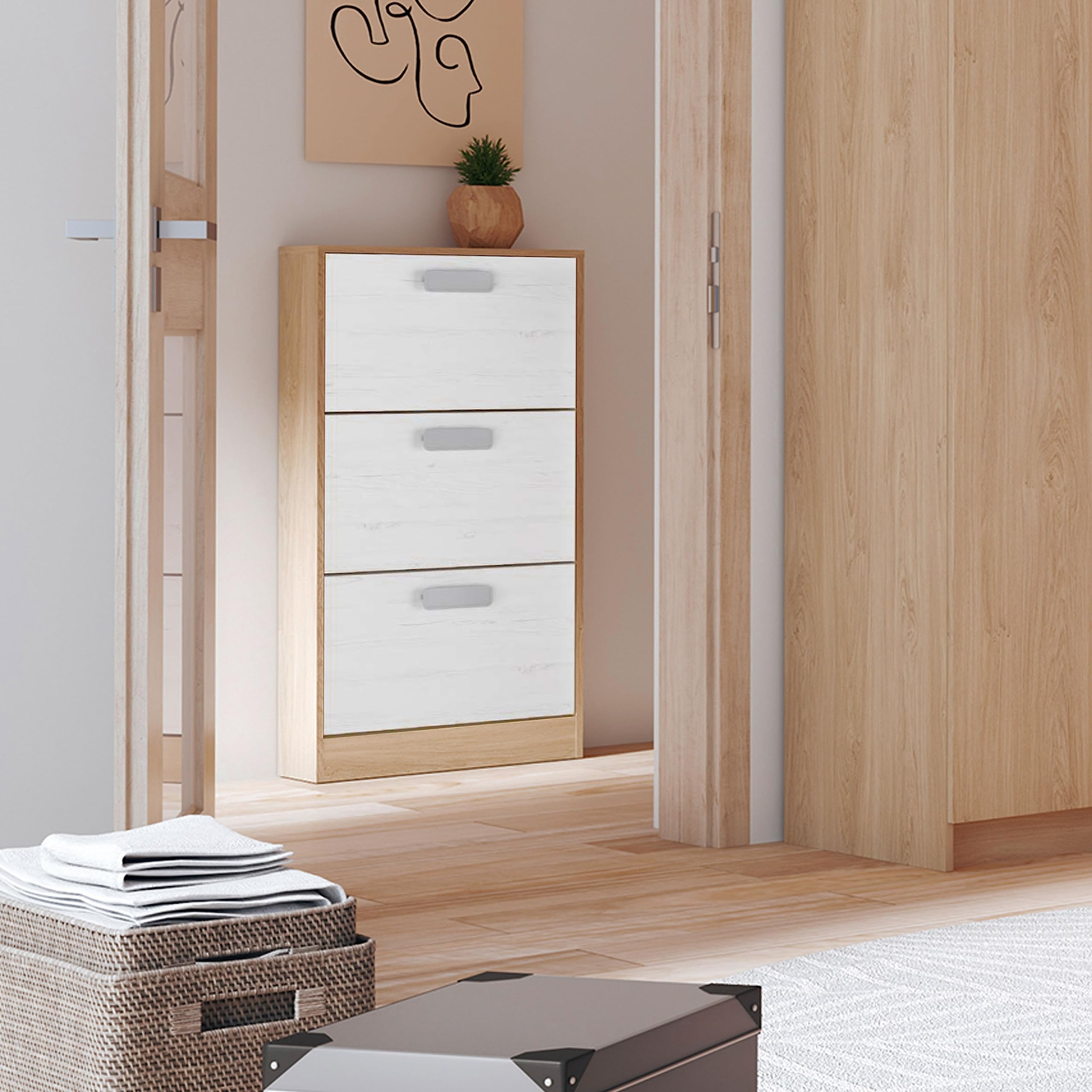 duehome | Zapatero 3 Puertas, Zapatero Estrecho, Modelo Play, Acabado en Color Tofe y Andersen, Medidas: 108 cm (Alto) x 60 cm (Ancho) x 17 cm (Fondo)