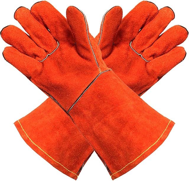 POWCOG 'Supreme' Heat Resistant Protective Leather Gloves in Red. Perfect for Log Wood Burners, Outdoor Fire Pits, Barbecues and Bonfires
