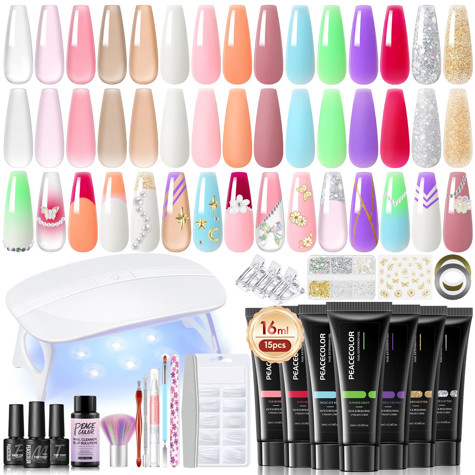 PEACECOLOR 33pcs Gel Construction Ongle UV Starter Set, 15 Couleurs Poly Extension d'ongles en Gel Complet Kit Avec Mini UV Lampe, Base Top Coat DIY Nail Art Kit Ongle Acrylique Complet