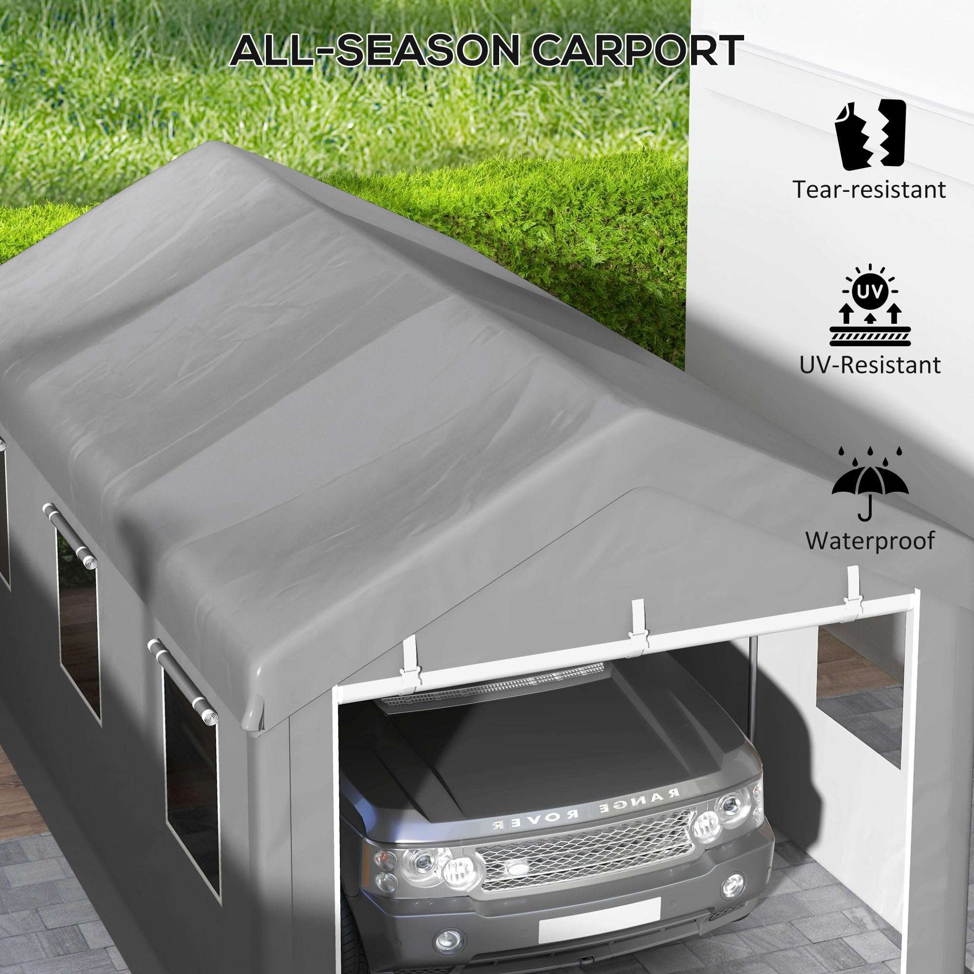 Outsunny Tente garage carport dim. 6L x 2,95l x 2,78H m robusto acciaio zincato PE ad alta densità 160 g/m² impermeabile anti-UV, 2 porte avvolgibili e 6 finestre