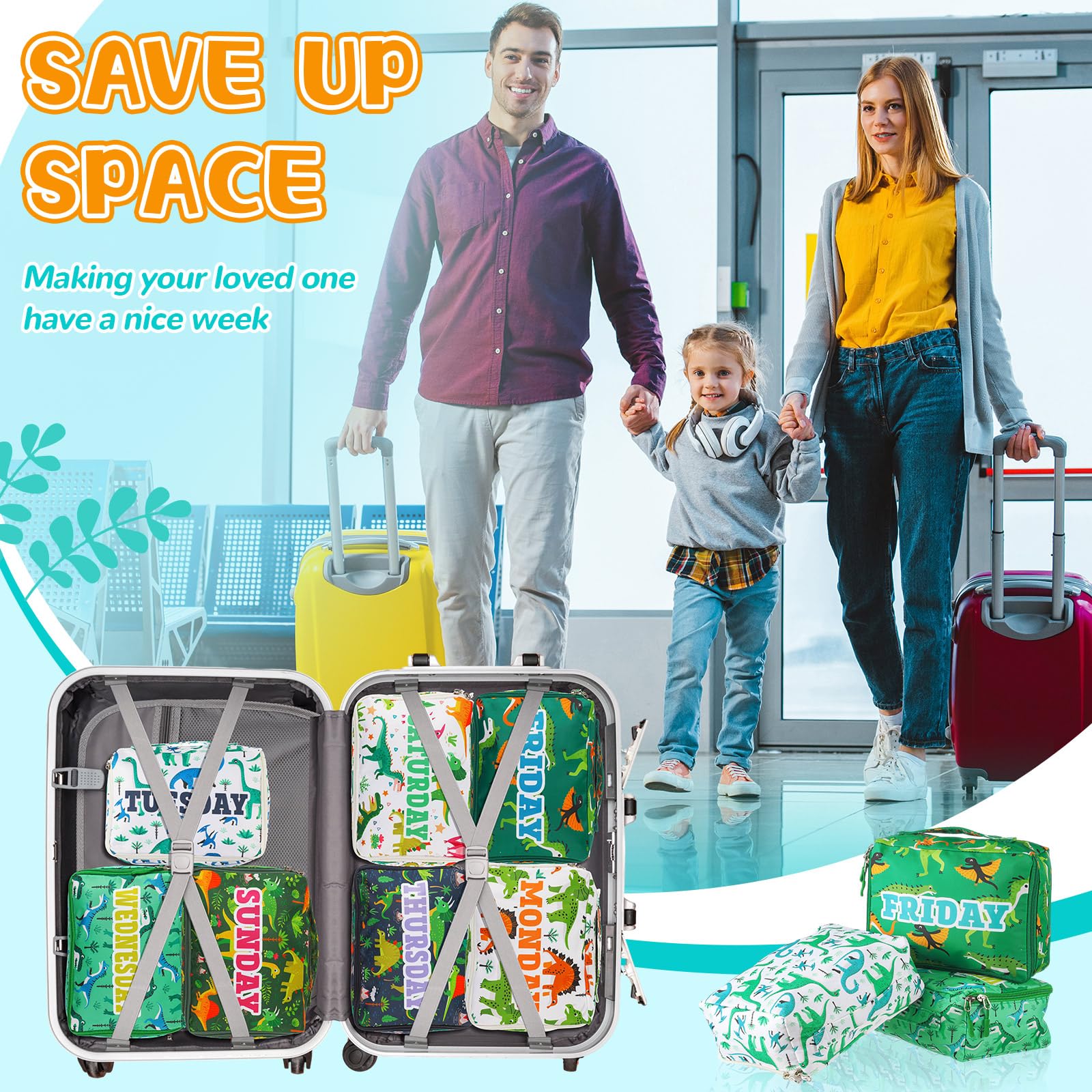Paterr 7 cubi da imballaggio per bambini, per viaggi, giorni della settimana, cubi colorati per bagagli, valigie per vacanze del bambino (dinosauro)