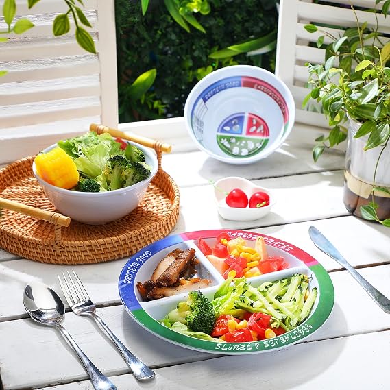 4 Pcs Portion Control Plate Bowls Set with 6 Pcs Stainless Steel Silverware 8.5 Inch Bariatric for Portion Control Divided Diet Bowl for Weight Loss Balanced Eating Adult
