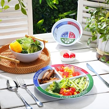 4 Pcs Portion Control Plate Bowls Set with 6 Pcs Stainless Steel Silverware 8.5 Inch Bariatric for Portion Control Divided Diet Bowl for Weight Loss Balanced Eating Adult