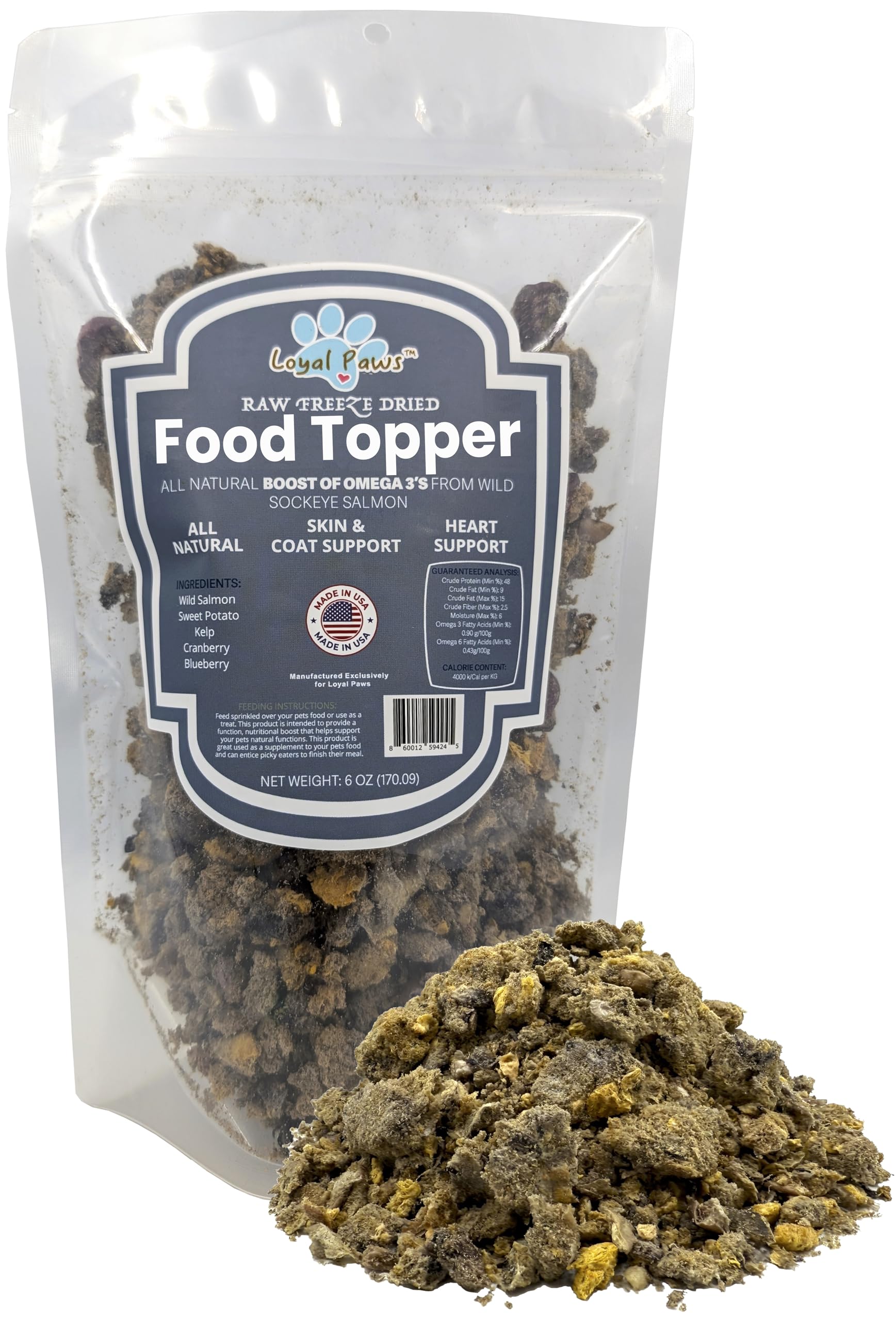 Loyal Paws Wild Salmon Blend Raw Food Topper for Cats and Dogs, 6 oz, Natural Omega 3 Boost - 100% USA Made, Natural Dog Food Toppers