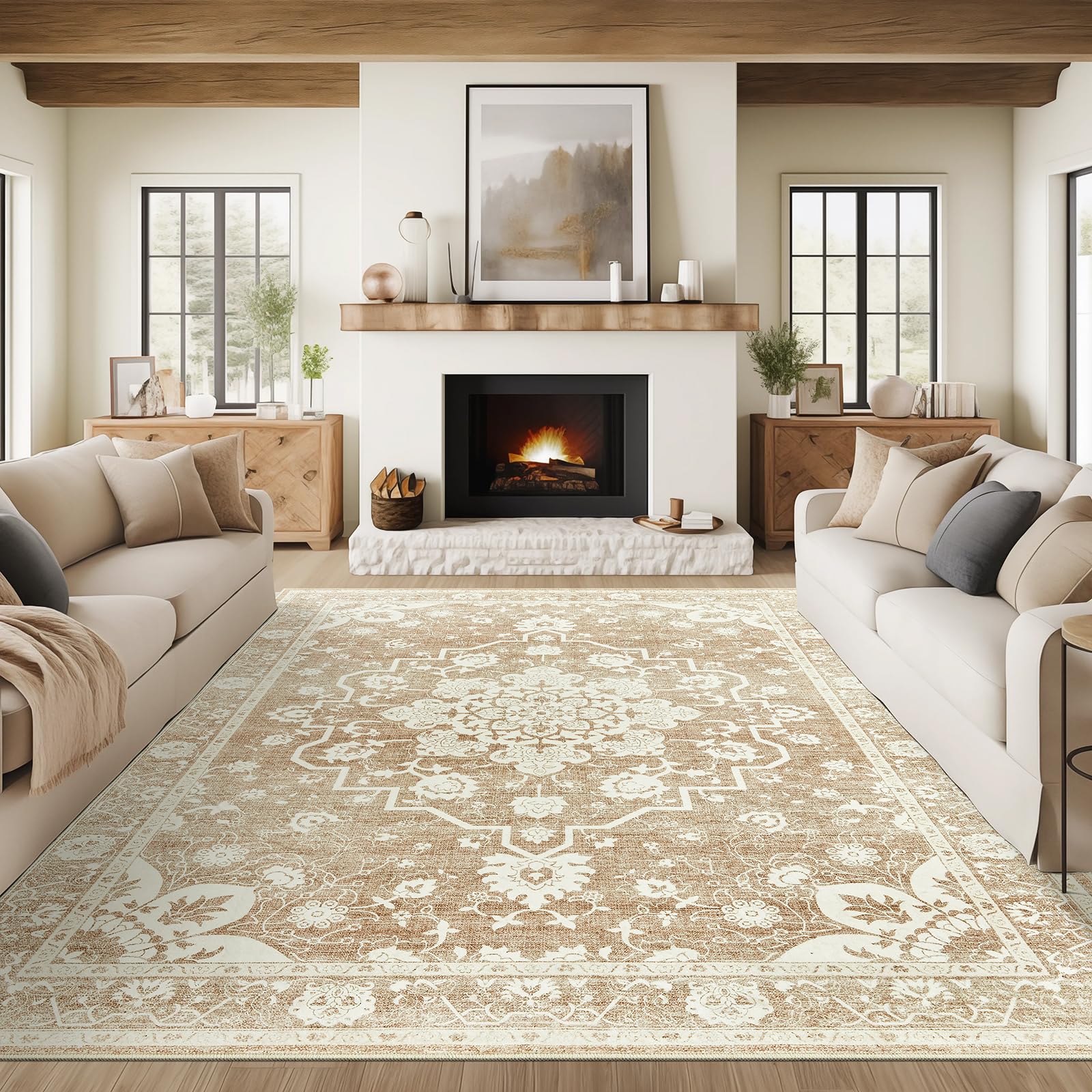 Madane 8x10 Area Rugs for Living Room, Stain Resistant Washable Rugs 8x10, Floral Vintage Area Rugs Non-Slip Thin 8x10 Rug for Bedroom Dining Room, Khaki Brown