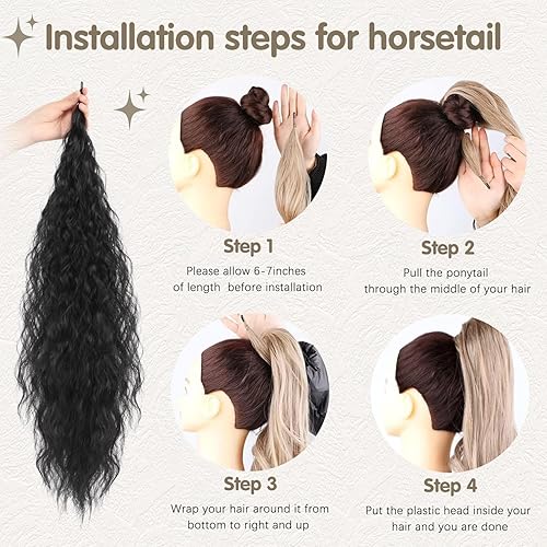 Miniatura 4 de Gx Beauty Extensión de cabello sintético largo y rizado de 32 pulgadas, cola de caballo flexible, ondulado, bonito cabello para mujeres, uso diario