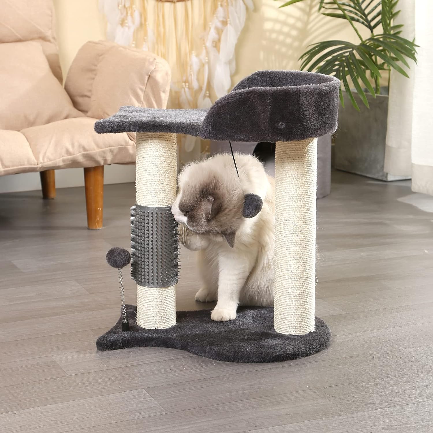 Cat Tree Tower, Multifunction Cat Scratching Post for Indoor Cats Featuring with Fish-Shaped Rest Platform Cat Self Groomer Danging Ball Spring Ball, Grey