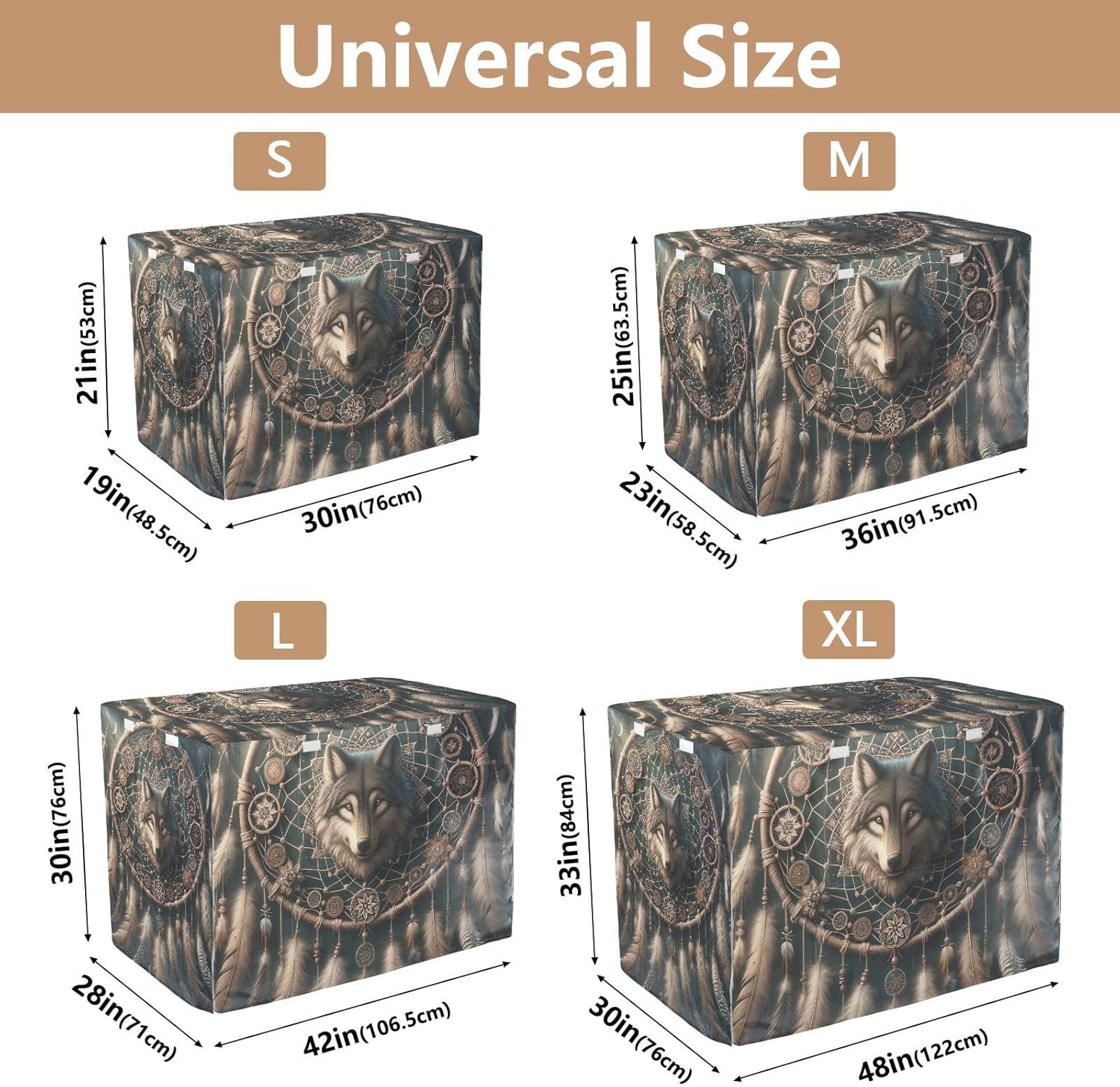 Wolf Dream Catcher Dog Crate Cover Roll-up Side Panels, Pet Cage Cover with Openings, X-Large