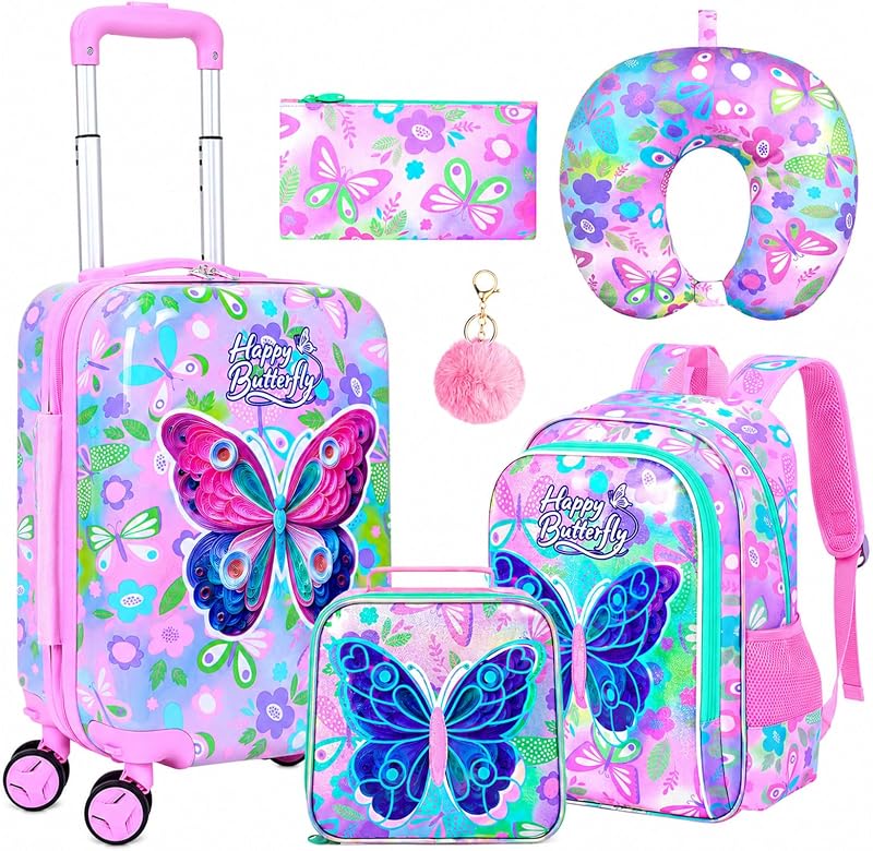 5Pcs Kids Luggage Set, 16" Girls Travel Suitcase with Spinner Wheels, Butterfly Hardside Carry on Toddler Rolling Suitcase Airline Approved（Pink）